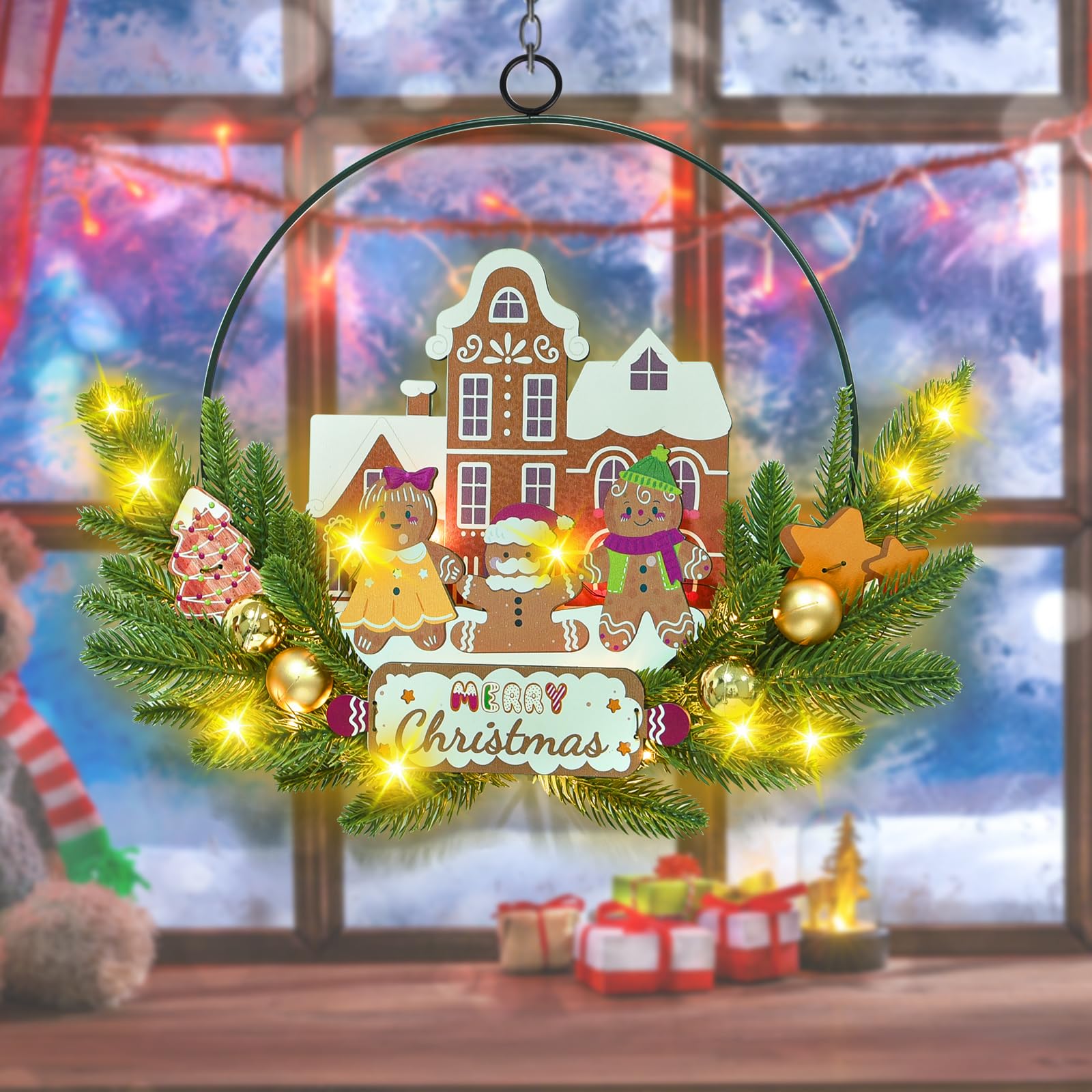 Couronne de Noël lumineuse pour porte d'entrée, couronne de bienvenue en métal et bois à suspendre, décoration murale lumineuse à 30 LED, fonctionne à piles pour Halloween, intérieur et extérieur