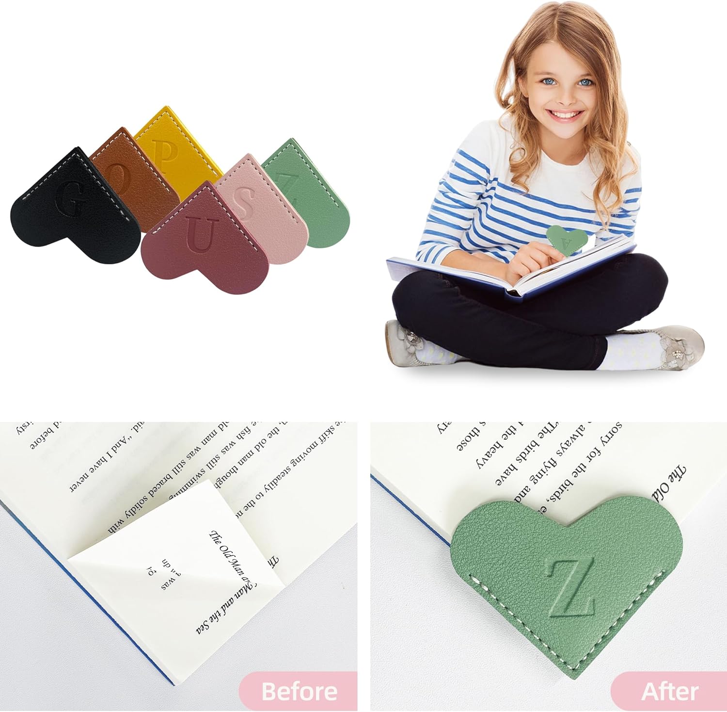 6Pcs Personalized Leather Heart Bookmark with Initial,26 A-Z Letters Cute Corner Book Mark for Reading,Book Page Accessories for Women, Book Lovers, Teachers, Students Gifts - Image 5