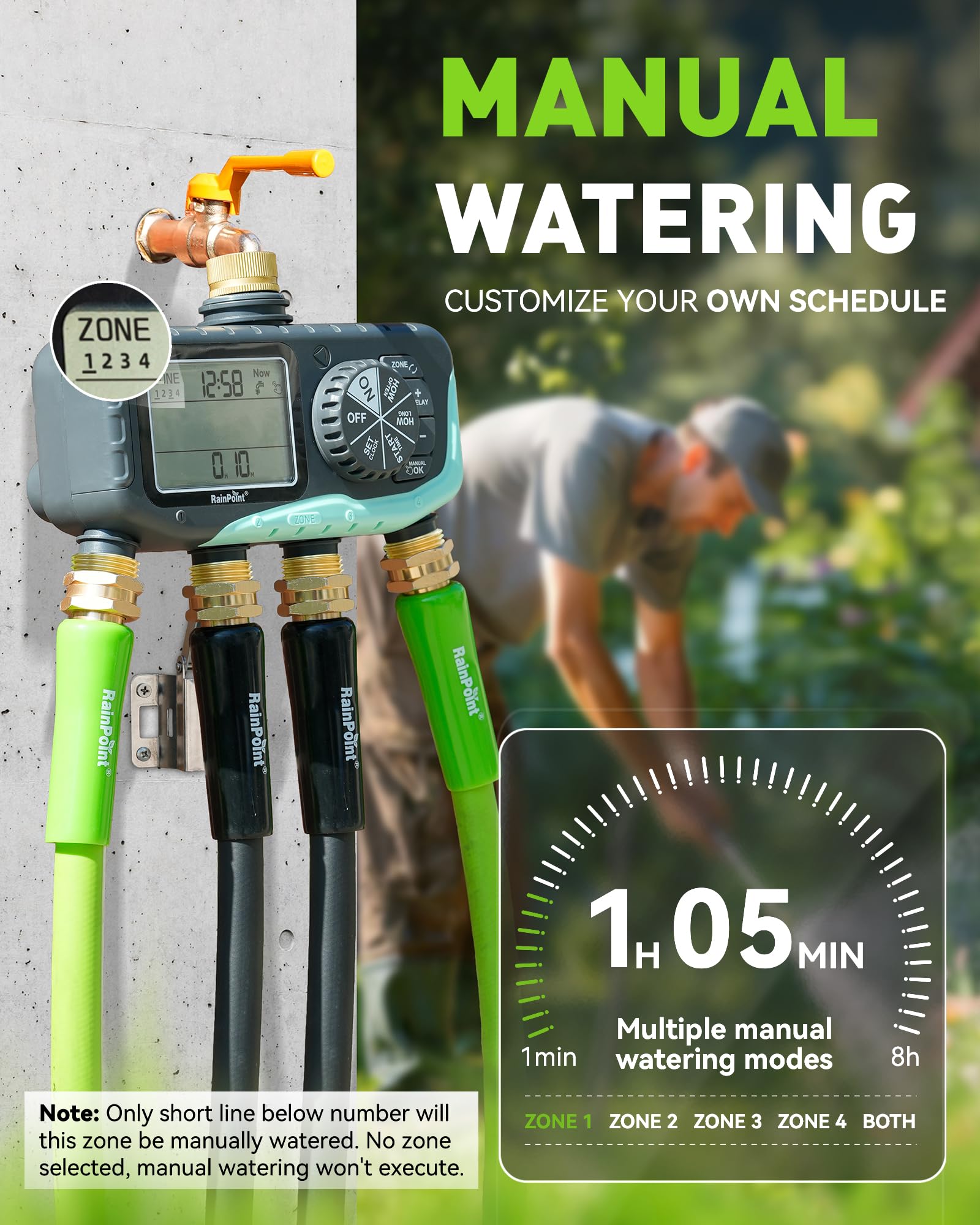 RAINPOINT Minuteur d'arrosage numérique à 4 zones, minuterie d'irrigation d'eau programmable avec retard de pluie, système d'arrosage automatique manuel pour tuyaux d'arrosage de pelouse et cour