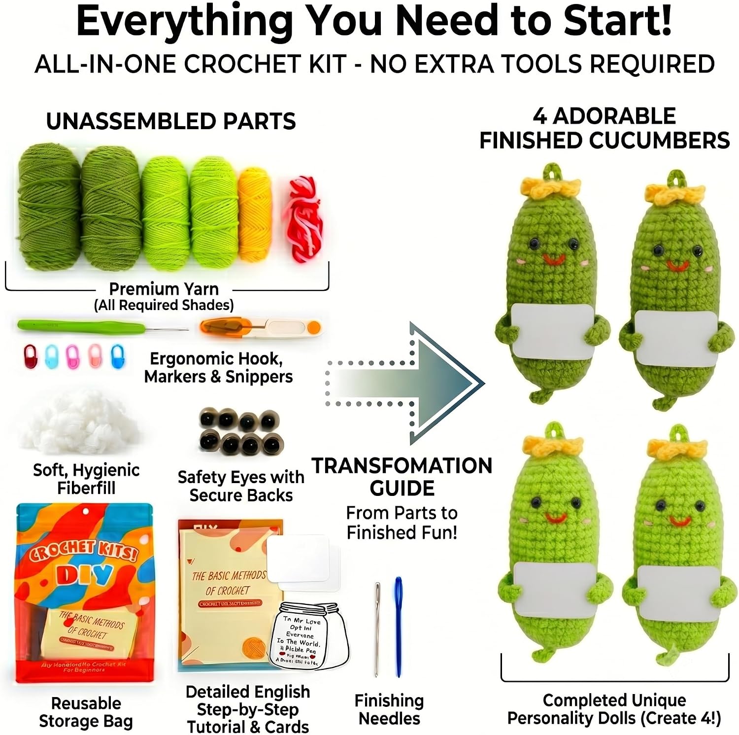Crochet Kit for Beginners, DIY Crochet Food Plushie Kit with 4 Cucumber Designs, Beginner Crochet Kit for Adults & Teens, Crochet Kit to Make 4 Funny Green Veggie Dolls, Step-by-Step Video Tutorials image 2