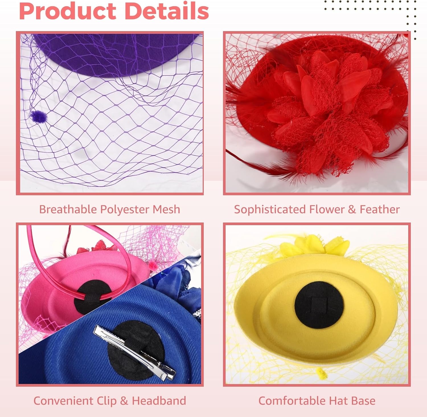 10 Pcs Tea Party Hats for Women - 20s 50s Cocktail Headband with Feather Mesh Veil Vintage Fascinator Hats for Women Tea Party Wedding Church Birthday Halloween Christmas - Image 4