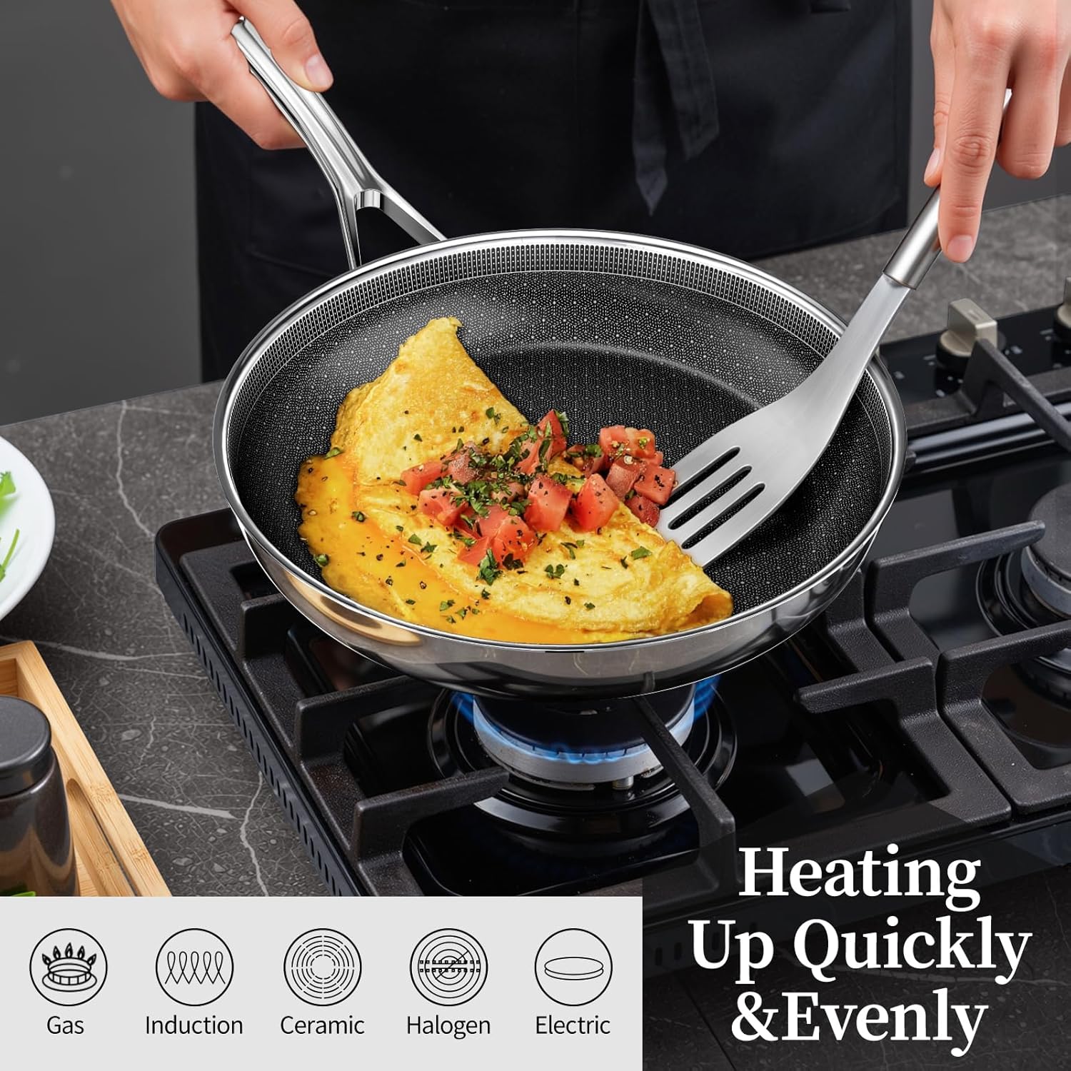 Non Stick Frying Pan 8 Inch Stainless Steel Ceramic Skillet,Nonstick Cooking Pan,PFAS PFOA PTFE Free&Non Toxic,Induction Compatible-Gas&Electric Stovetops,Oven&Dishwasher Safe