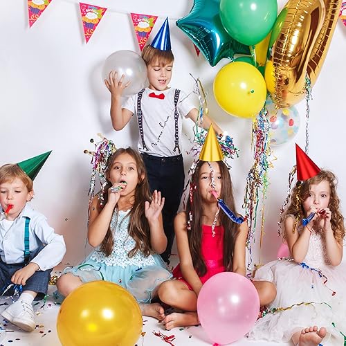Miniatura 5 de Sotiff Juego de 200 sombreros y sopladores para fiesta de cumpleaños, cono colorido, sombrero metálico de papel de aluminio para niños y adultos,