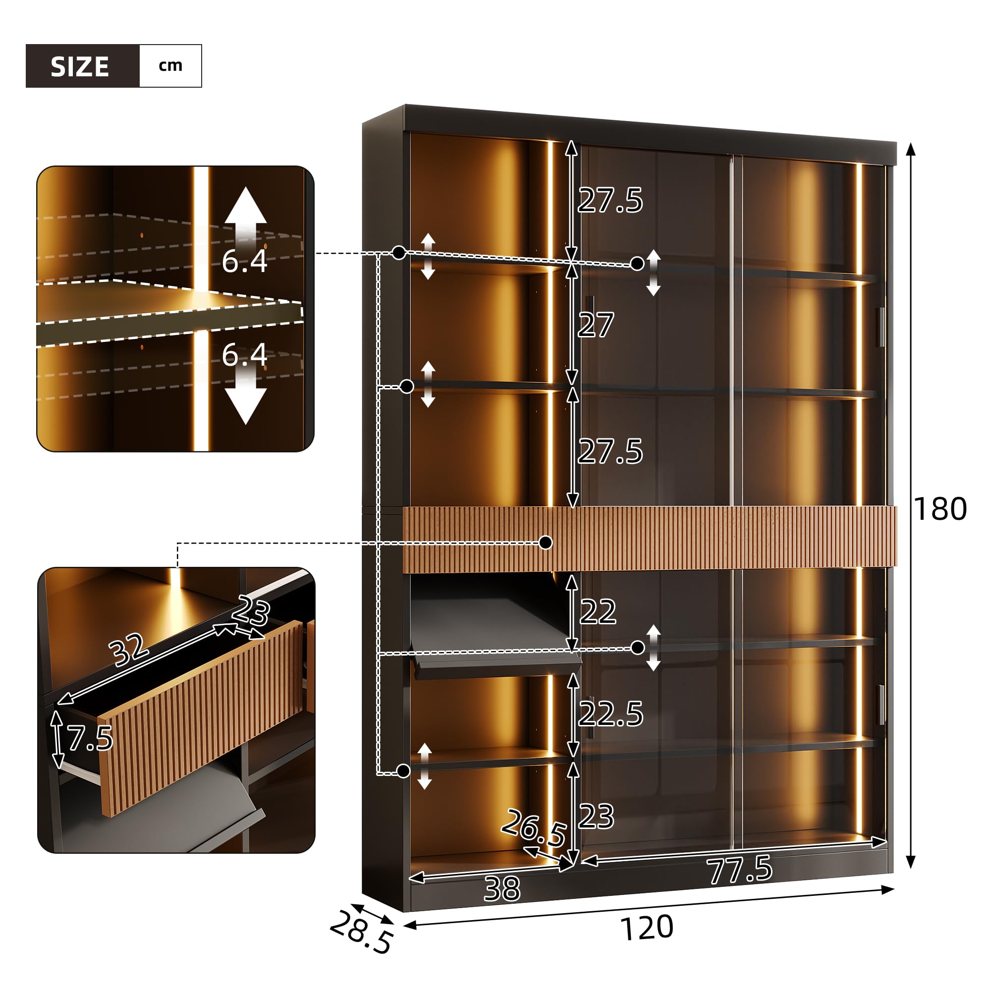 Kebnor Vitrina de 120 x 28,5 x 180 cm con iluminación LED, vitrina de cristal con puertas correderas de vidrio templado, 3 cajones, estante plegable, armario expositor para salón, oficina y comedor