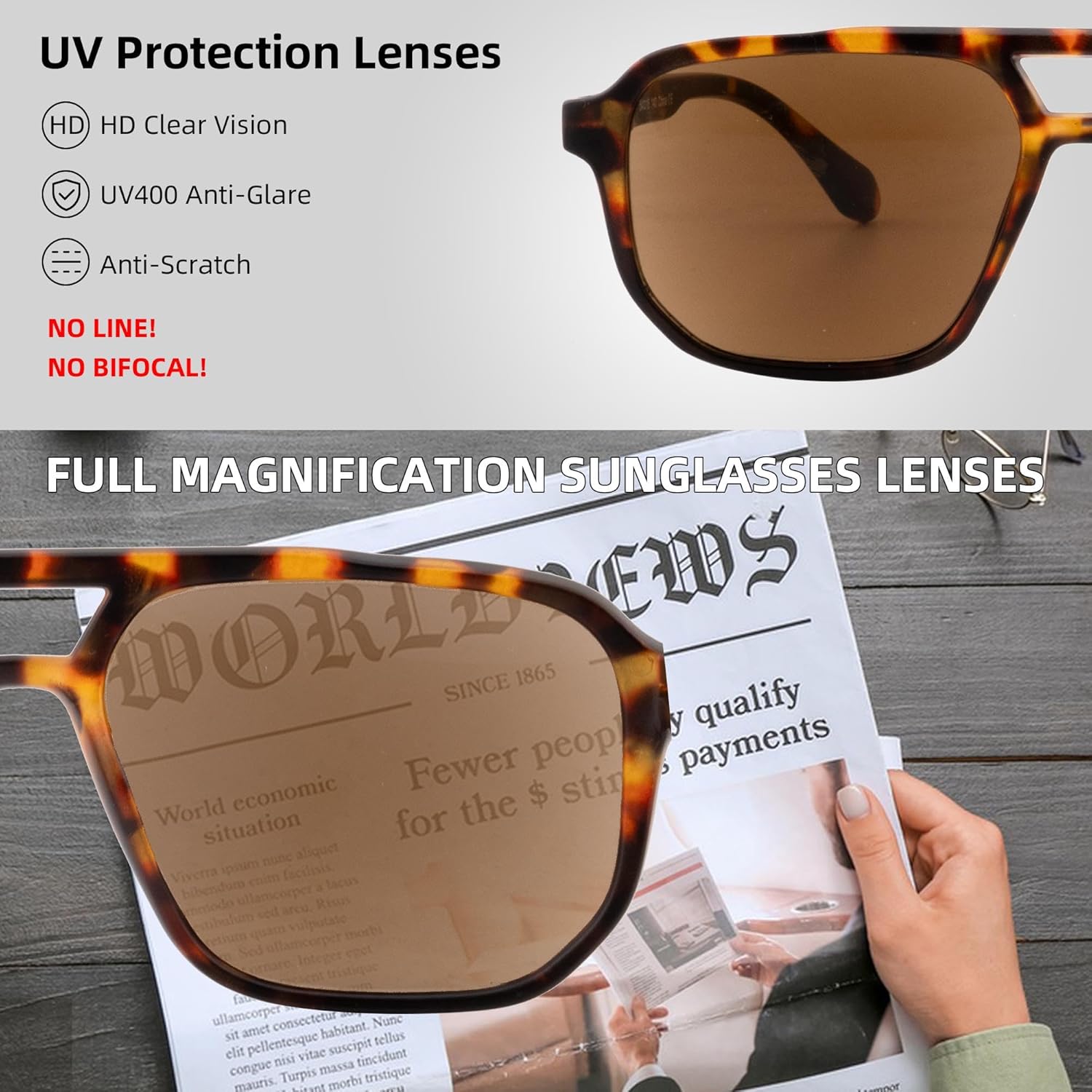 Square Reader Sunglasses for Men Women Double Bridge Pilot Full Lens Sun Reading Glasses UV400 Outdoor Driving, Tortoiseshell Frame + Brown Lens, +1.50 - Image 5