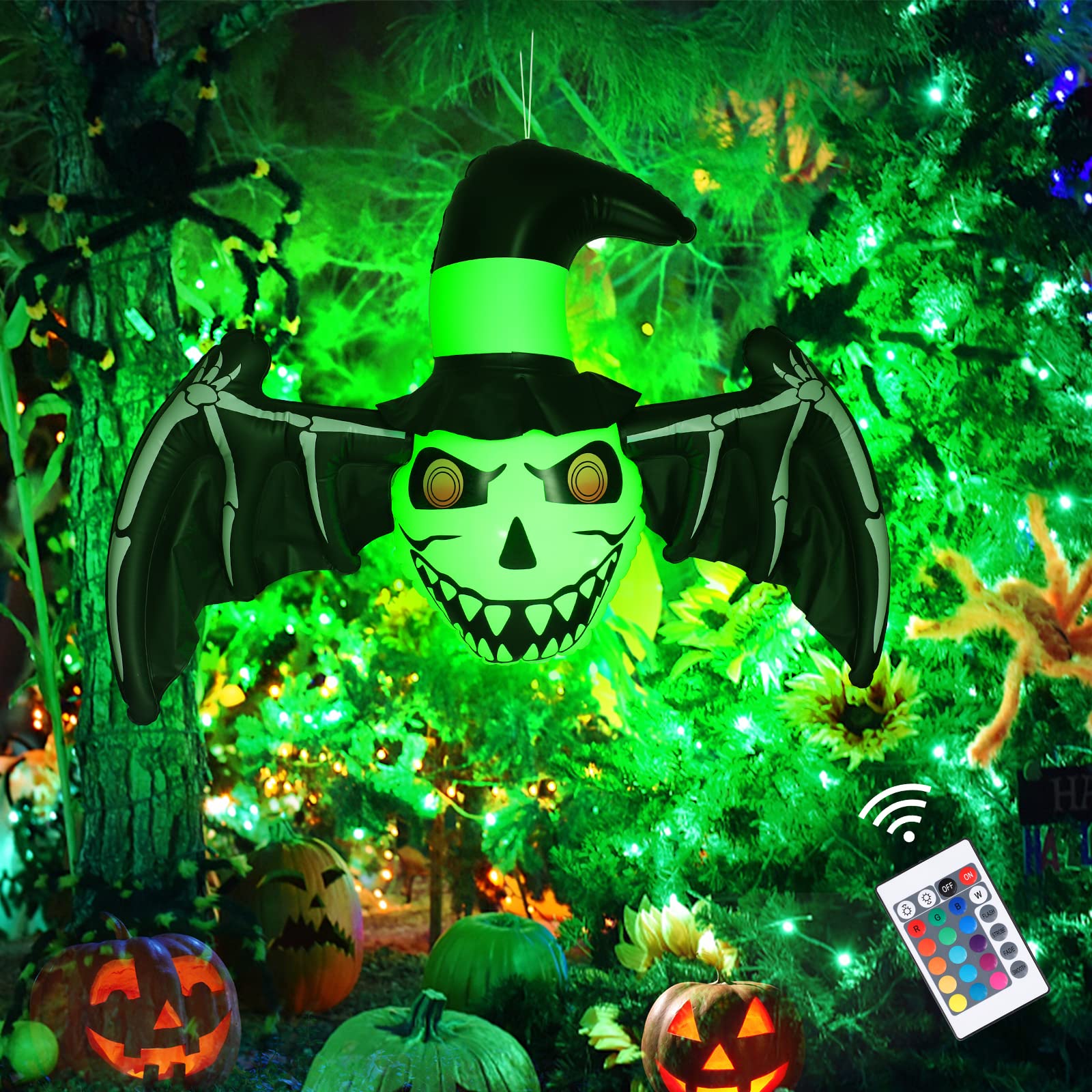 4FT Length Halloween Inflatable Winged Demon Head with LED, Hanging Skull Head with Bat Wing Witch Hat, Inflatable Skull Bat Wings for Blow Up Outdoor Yard Lawn Halloween Decor