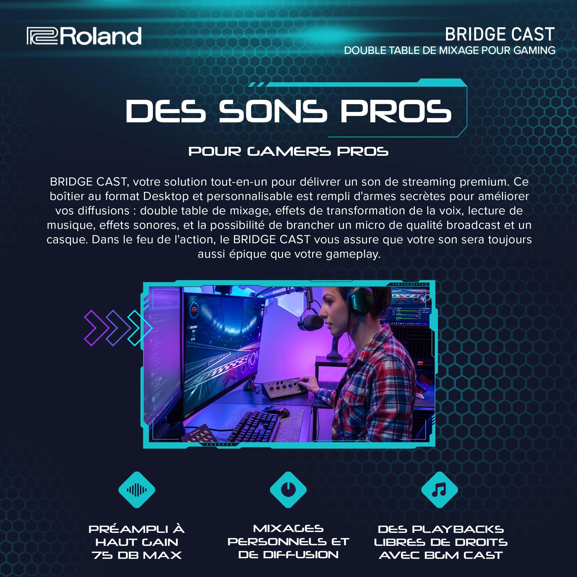 Roland Double table de mixage de gaming BRIDGE CAST | Interface de streaming audio professionnel et table de mixage pour joueurs en ligne | DSP matériel 32 bits | Noire