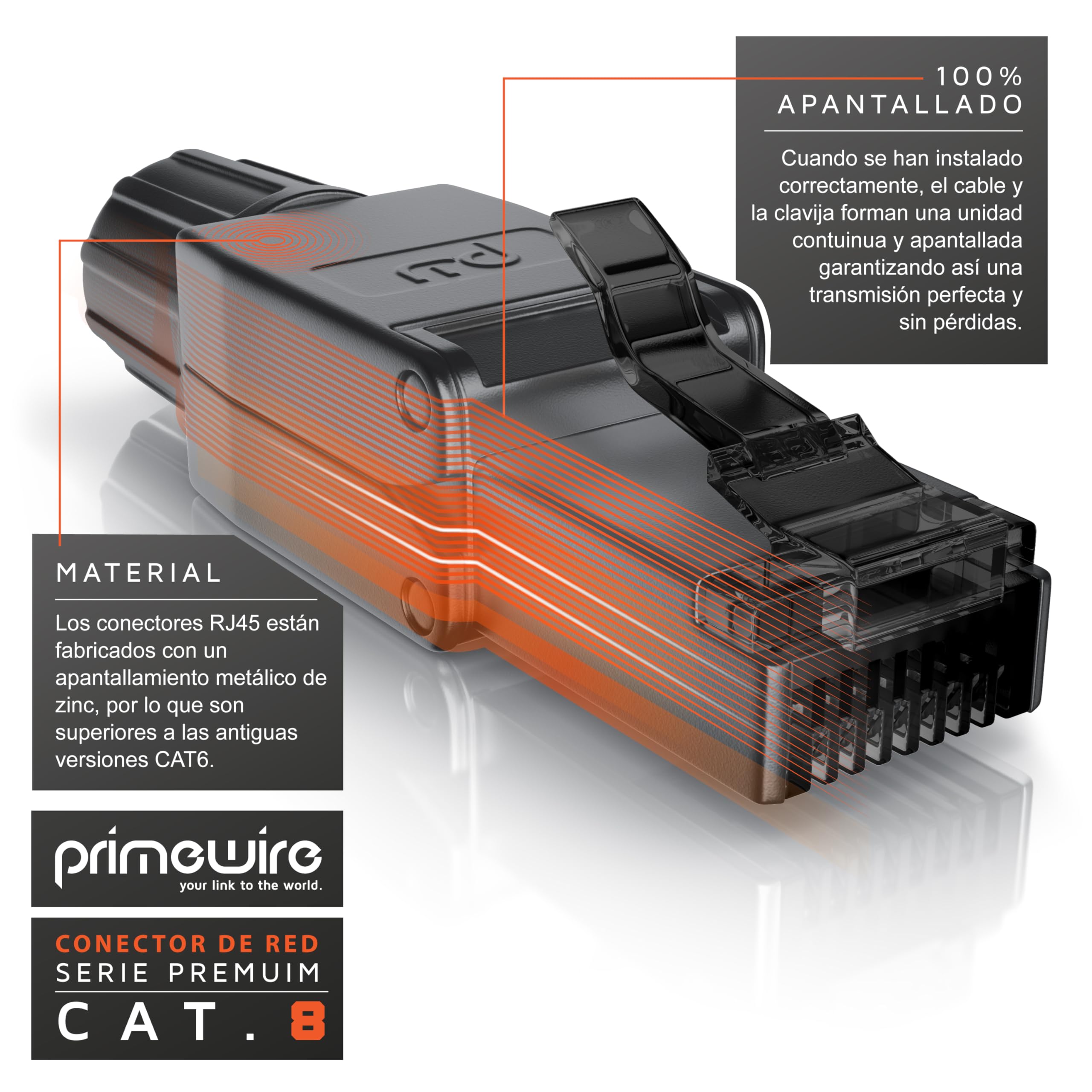 Primewire - 8X Conectores de Red Ethernet RJ45 Cat 8 Cat 7 Cat 6 - Cable LAN blindado 40 GBit/s 2000 MHz – Contactos Dorados - Conector crimpado para Cables de Red - Instalación sin Herramientas