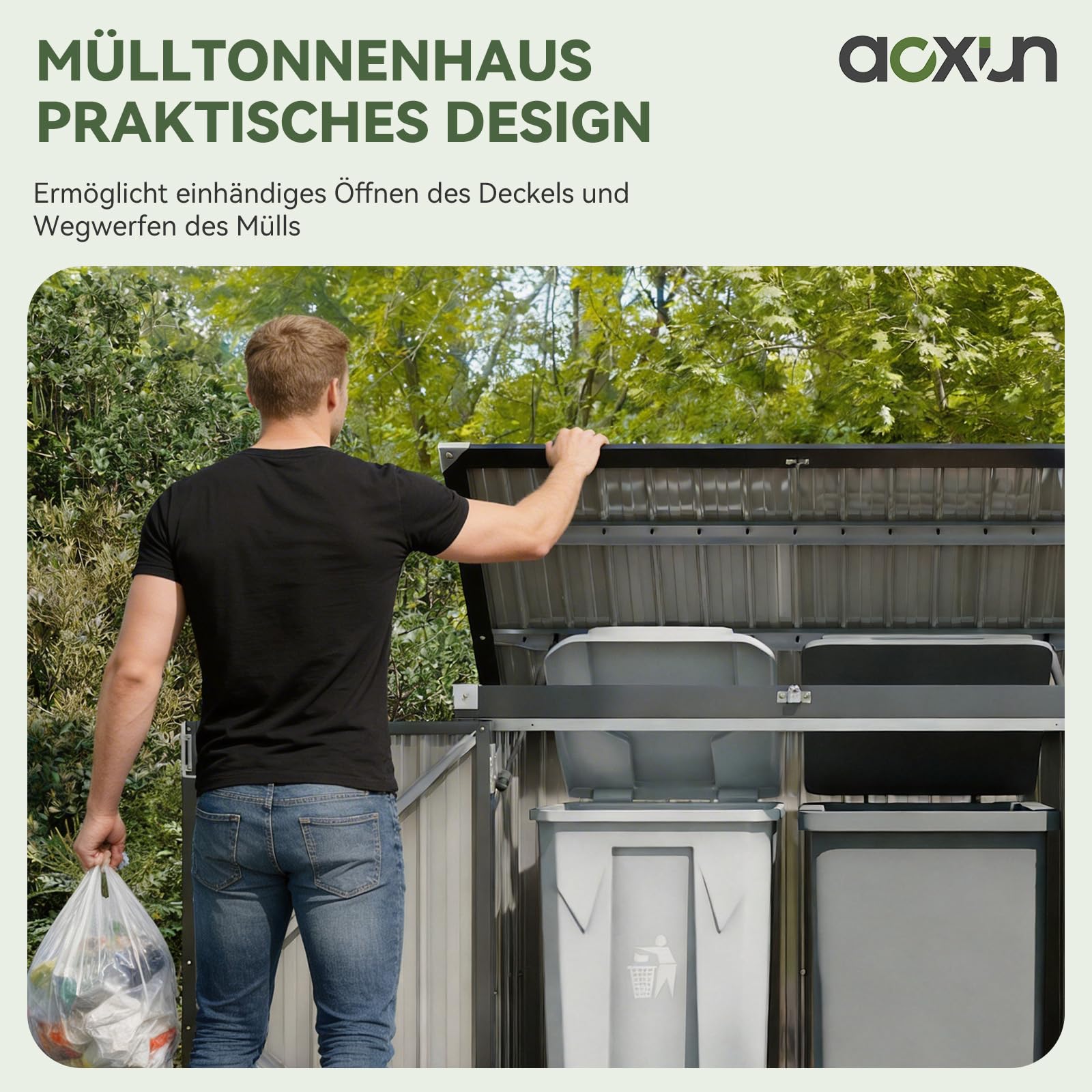 Aoxun 150x117x80 Metall Gerätehaus, Mülltonnenbox für 2 Tonnen, Wetterfester Gartenschrank mit Kettenzug-Deckel & Gasdruckfeder, zu öffnende Front- & Top-Türen, Schwarz