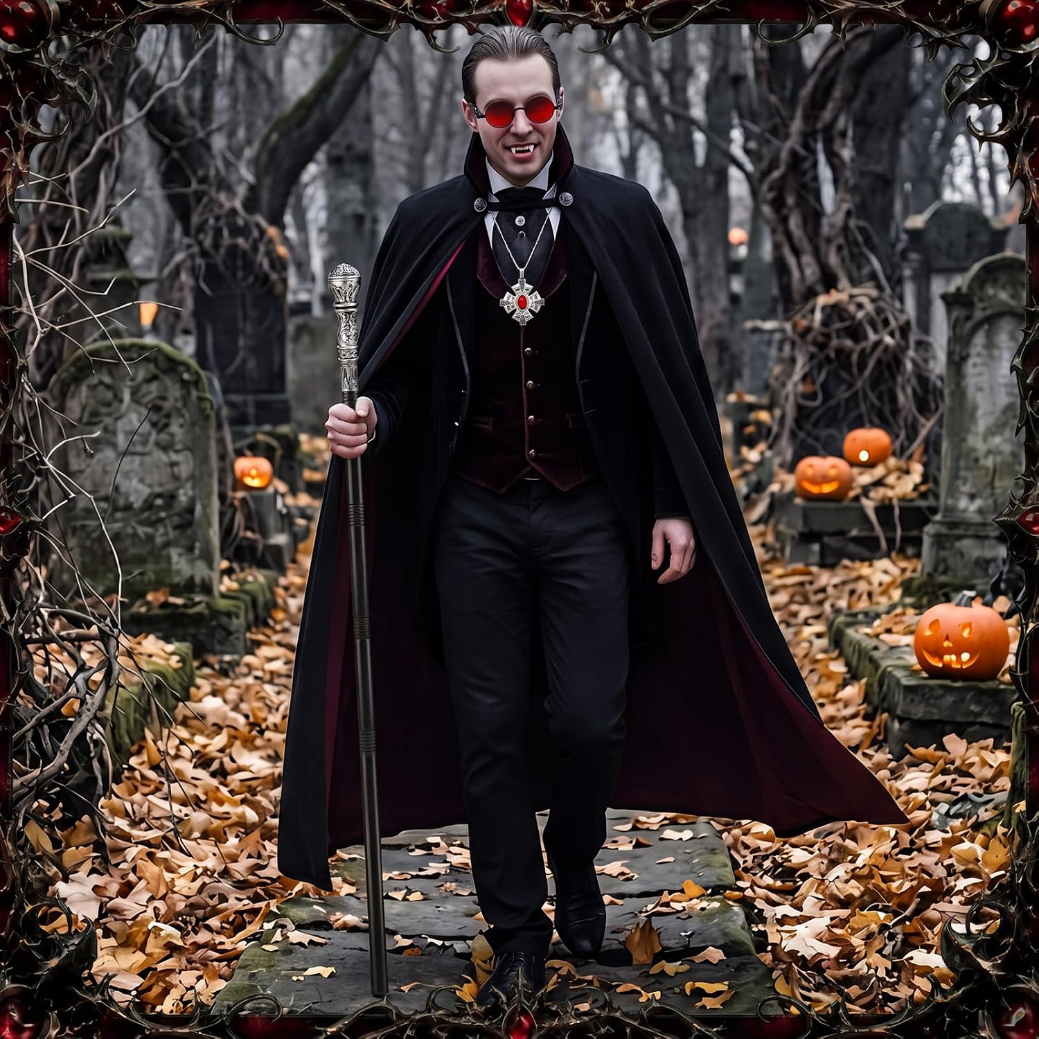 Konohan 6 Pcs Vampire Costume Accessories Halloween Cosplay Includes Gothic Steampunk Glasses Medieval Necklace Walking Staff False Teeth Props for Men Halloween Wizard Vampire Dress up Party Supply