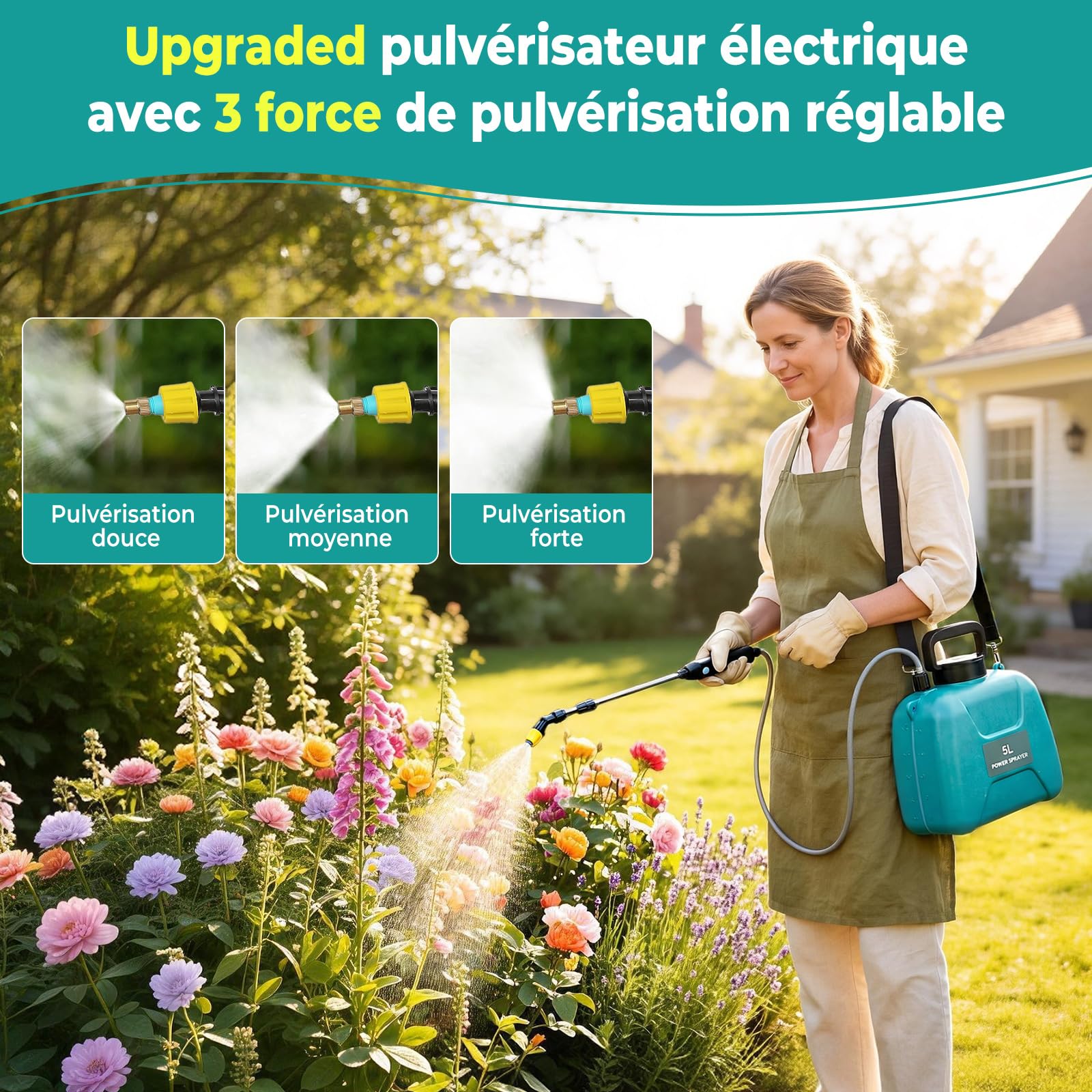 Pulvérisateur électrique 5L,Pulverisateur de Jardin Télescopique Rechargeable avec 2 Buses, Capuchon à Large Bouche,2400mAh Batterie Rechargeable par USB,Pulvérisateur de Plantes pour Jardin (B)
