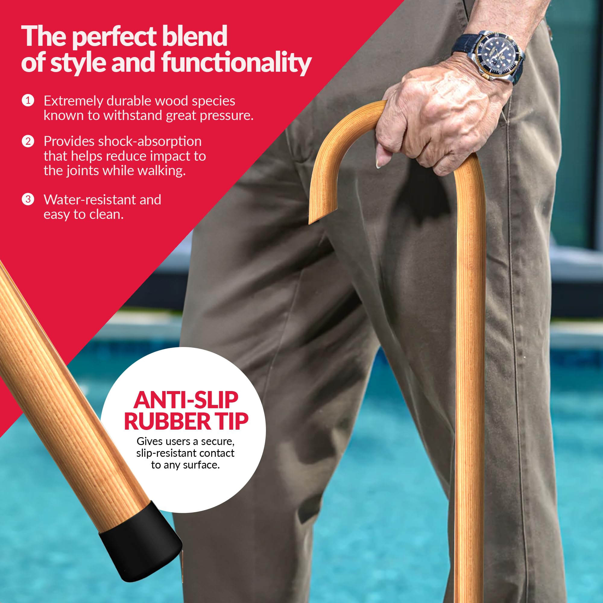 Handmade Wooden Classic American Walking Cane | Highly Durable American Hickory Wood Walking Cane | Ergonomic Handle and Body Grip Anti-Slip Rubber Tip Wood product thumbnail 5