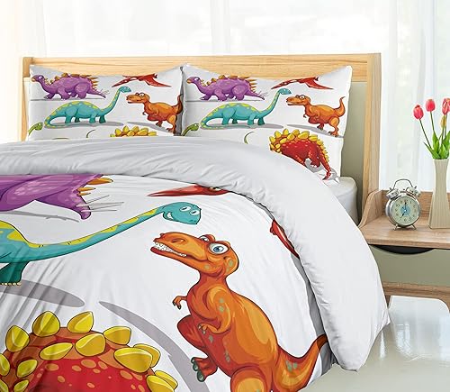 Miniatura 4 de Ambesonne Juego de funda de edredón de dinosaurio, colorido y divertido con diferentes temas de dinosaurios, animales extintos, edad de hielo, juego