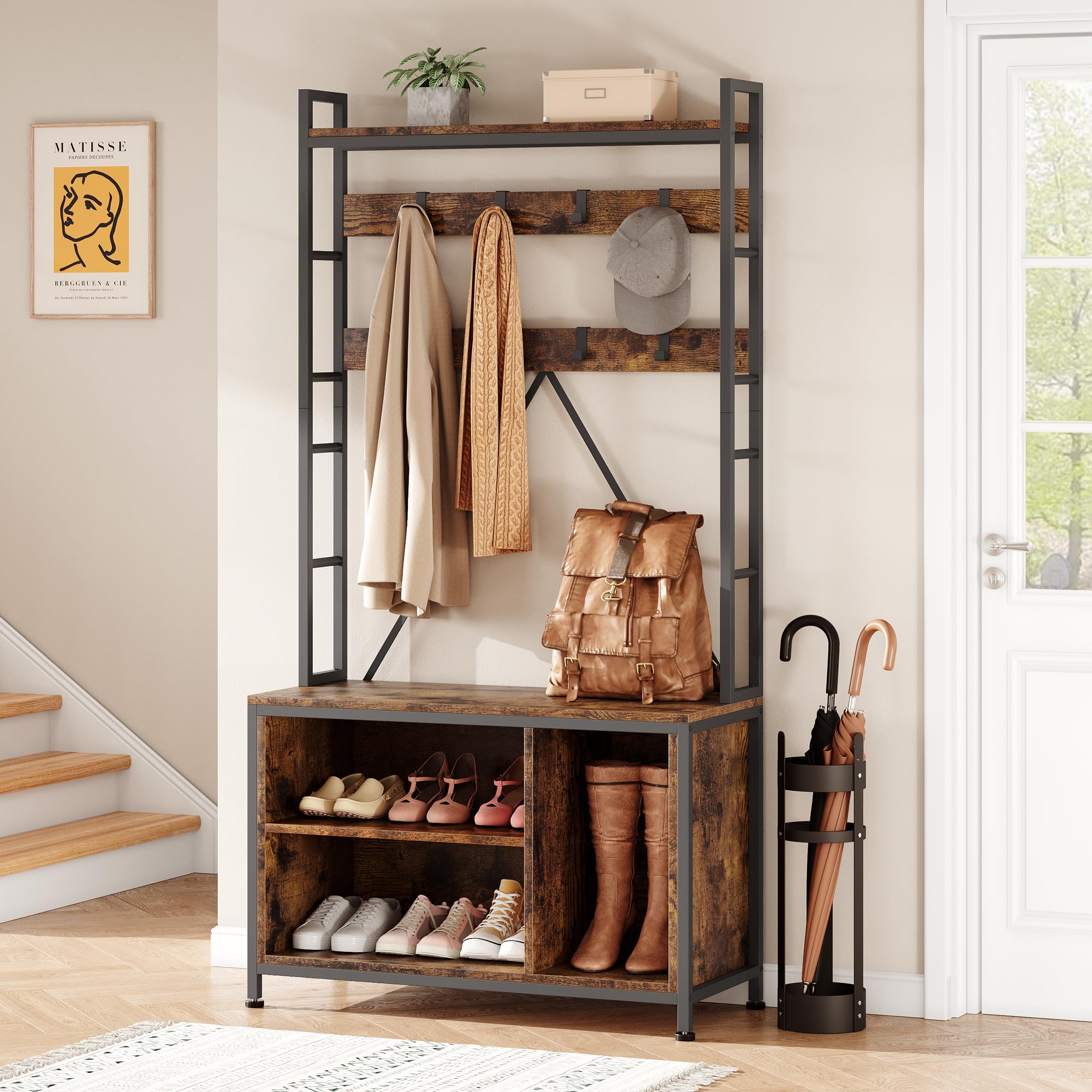 AffinityFurn Coat and Shoe Rack Stand, 3-in-1 Industrial Shoe Bench Storage Shelf with Storage Hooks & Shelves, Freestanding Hall Tree Organizer for Entryway, Bedroom, Hallway, 92.5x35x177.5cm, Brown