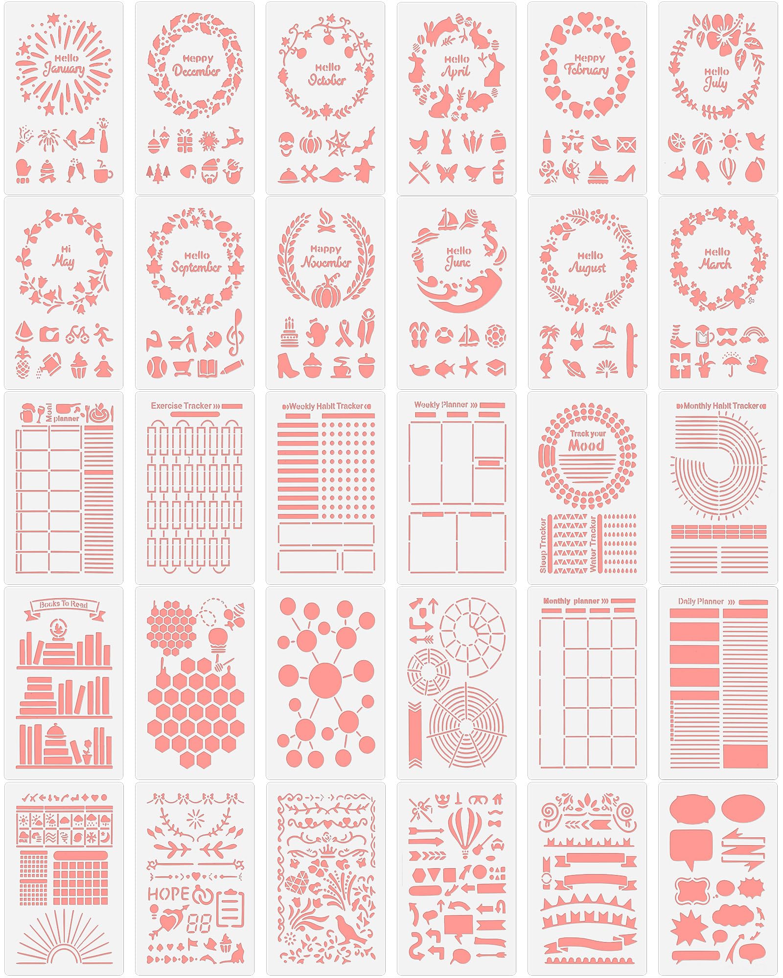 Tenare 30 Pcs Journal Stencils Supplies Planner Bullet Stencils Plastic Stencils DIY Drawing Templates Set for Journaling Notebook Scrapbook Cards Decorations, 4 x 7 Inch (Vivid Style)