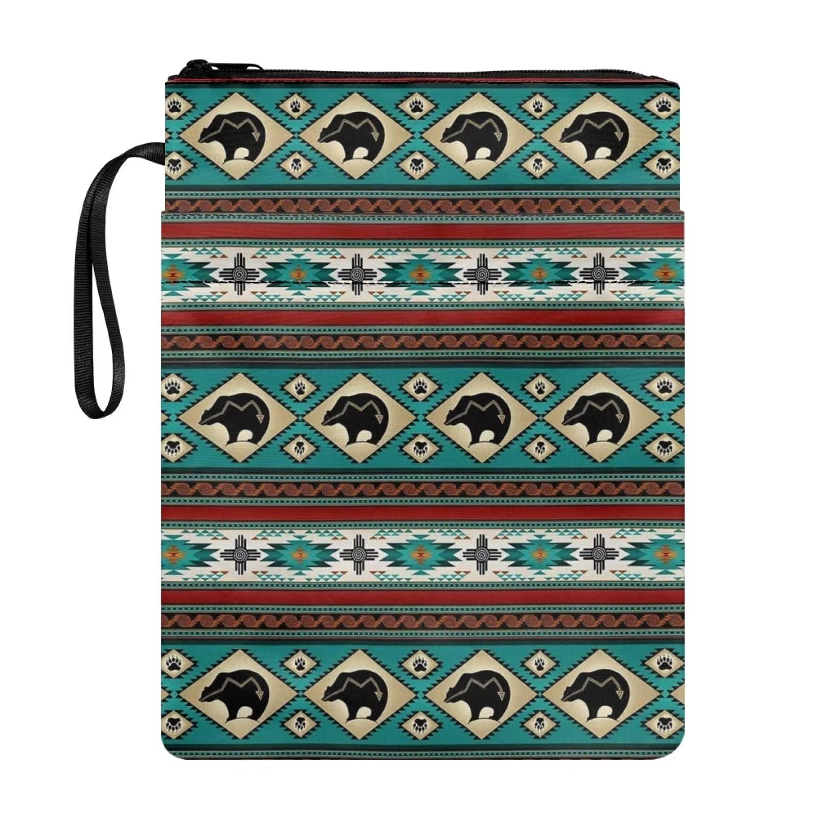 Xoenoiee Aztec Tribal Bear Print Book Covers Book Sleeve for Teen Adult Book Protector Cover for Hardcover Paperback, Book Sleeve Pouch with Zipper Closure