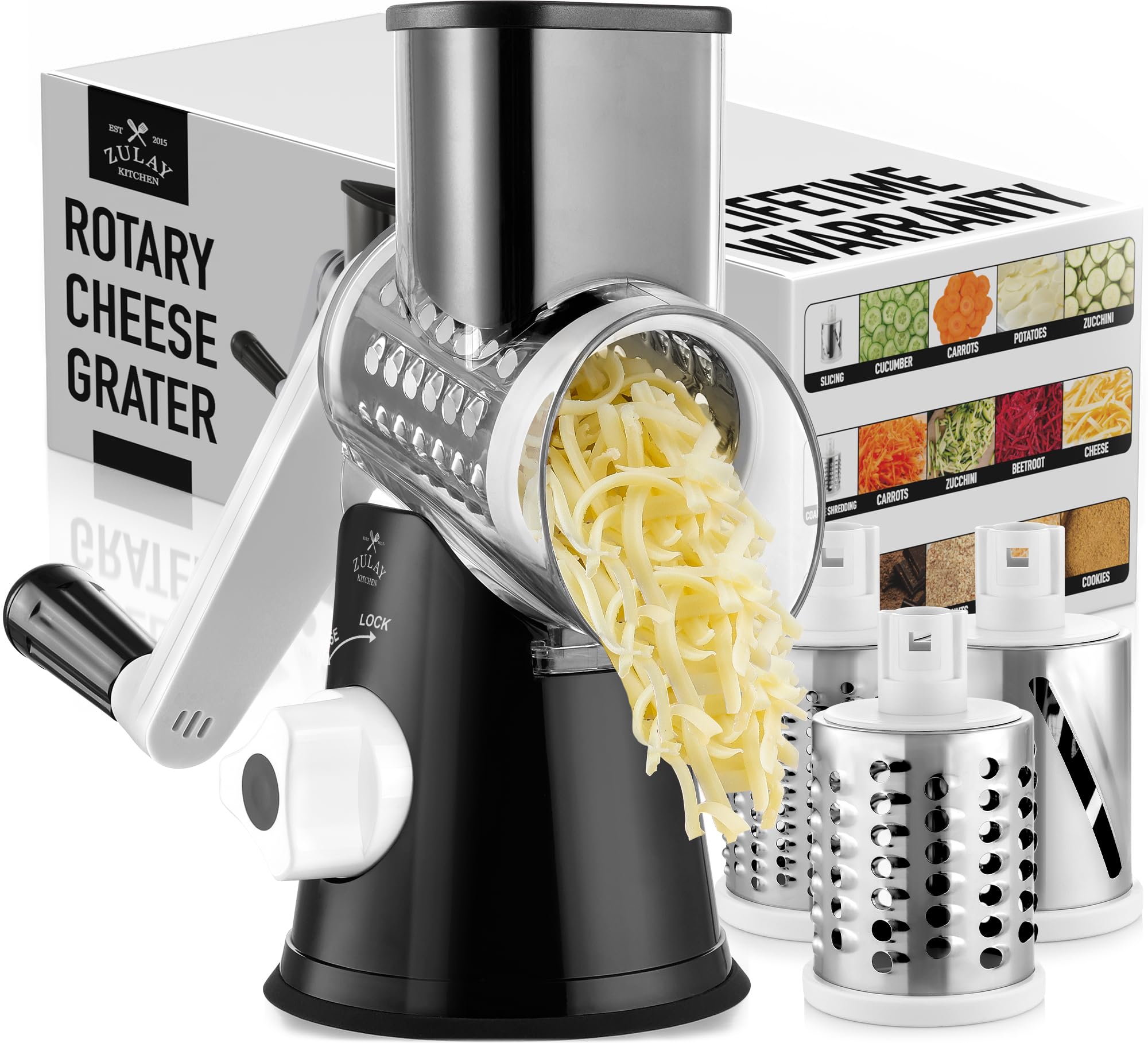 Zulay Rotary Cheese Grater 3 Blade Cheese Shredder - Manual Hand Crank Cheese Grater With Reinforced Suction & 3 Interchangeable Drums - Easy to Use Vegetable Chopper - Black