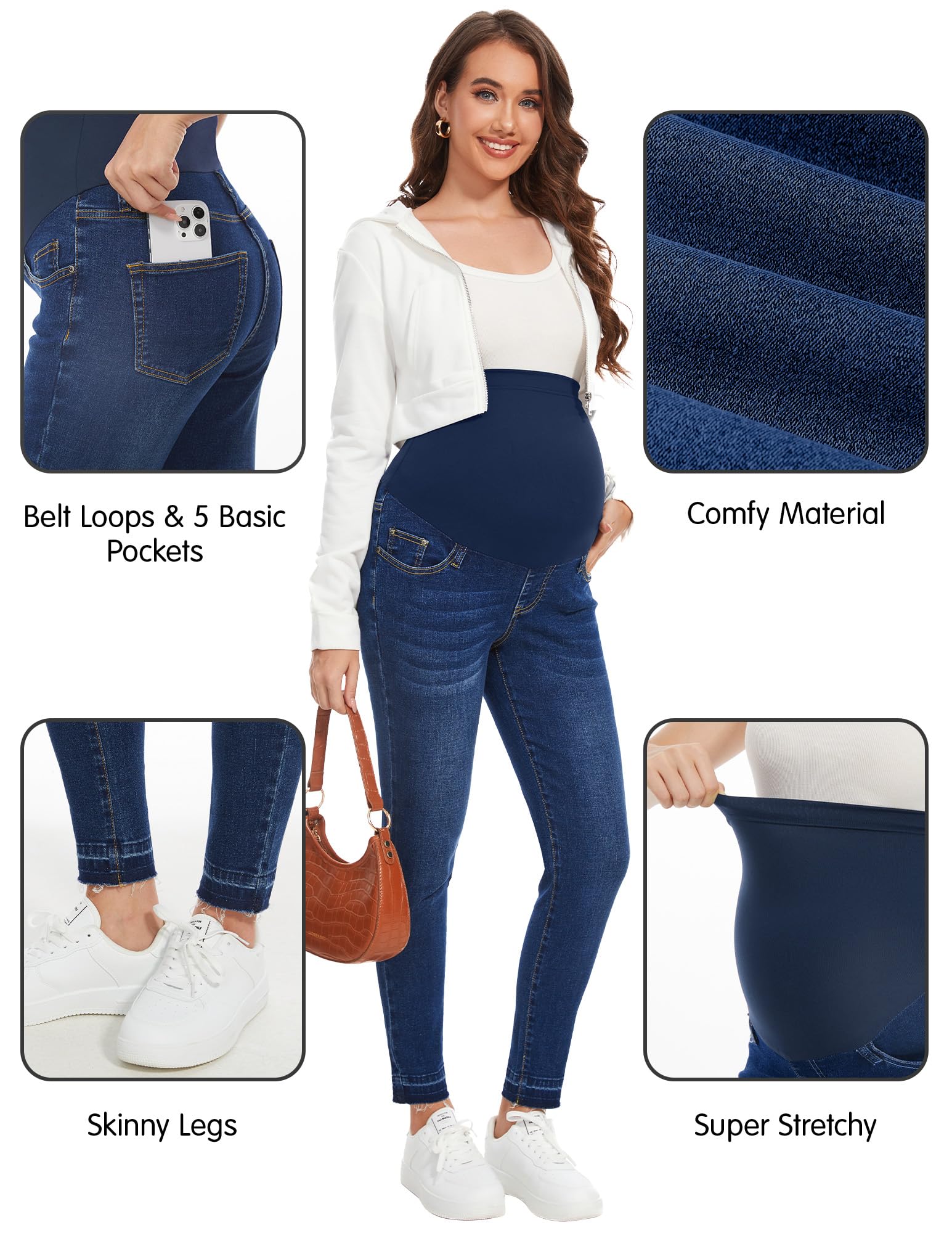 PACBREEZE Women's Maternity Jeans Over The Belly Slim Stretchy High Waist Denim Skinny Pants with Pockets