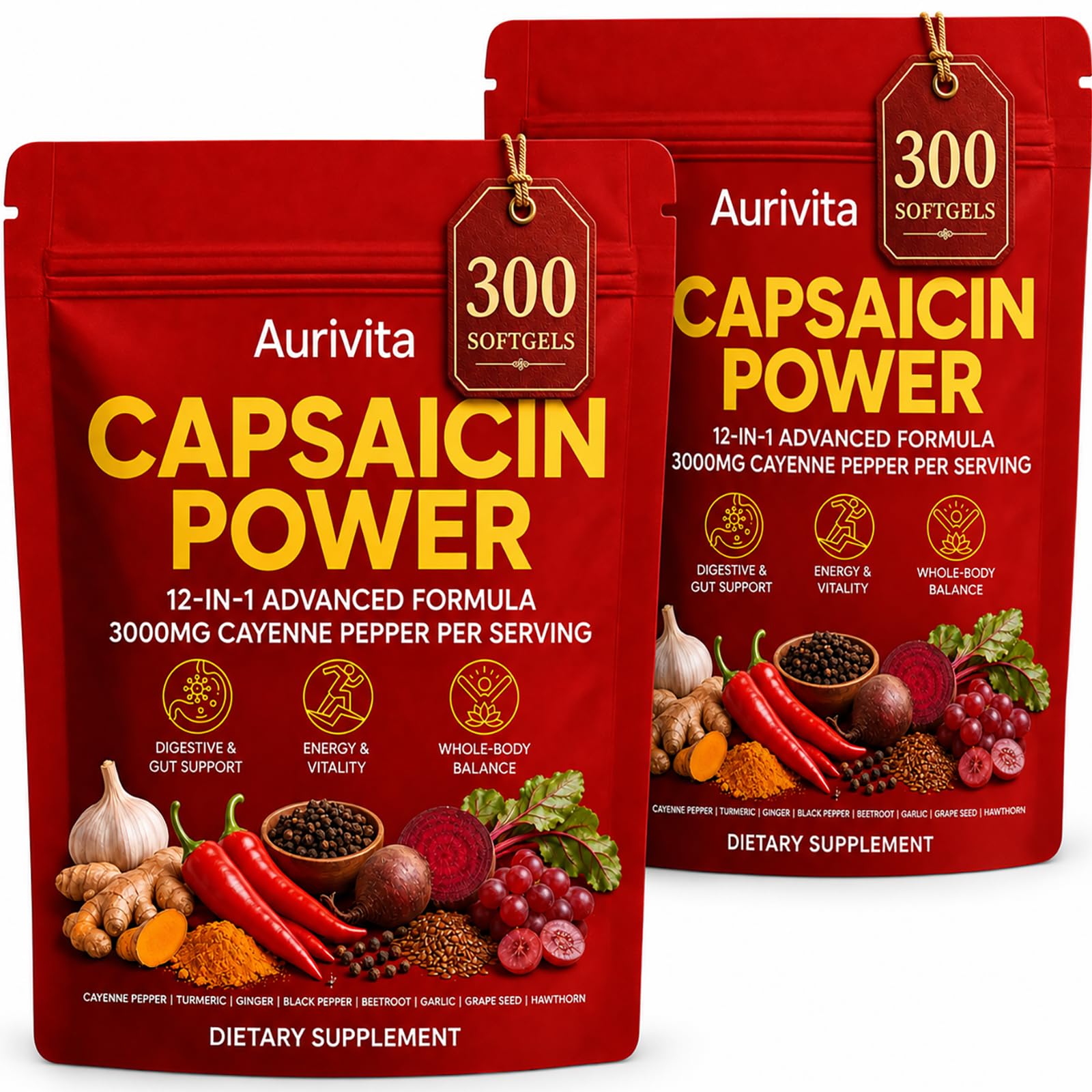 Aurivita Capsaicin Power - 300 Softgels Cayenne Pepper Supplement, with Vitamin E D3 & K2, Beetroot & Turmeric, Supports Circulation & Daily Energy — Amazon image 8