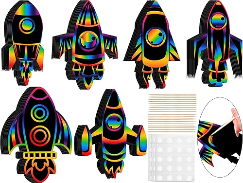 Liliful 48 tarjetas rascadoras de cohetes para niños, temática espacial, fiestas, manualidades, tarjetas de papel, recuerdos artísticos para
