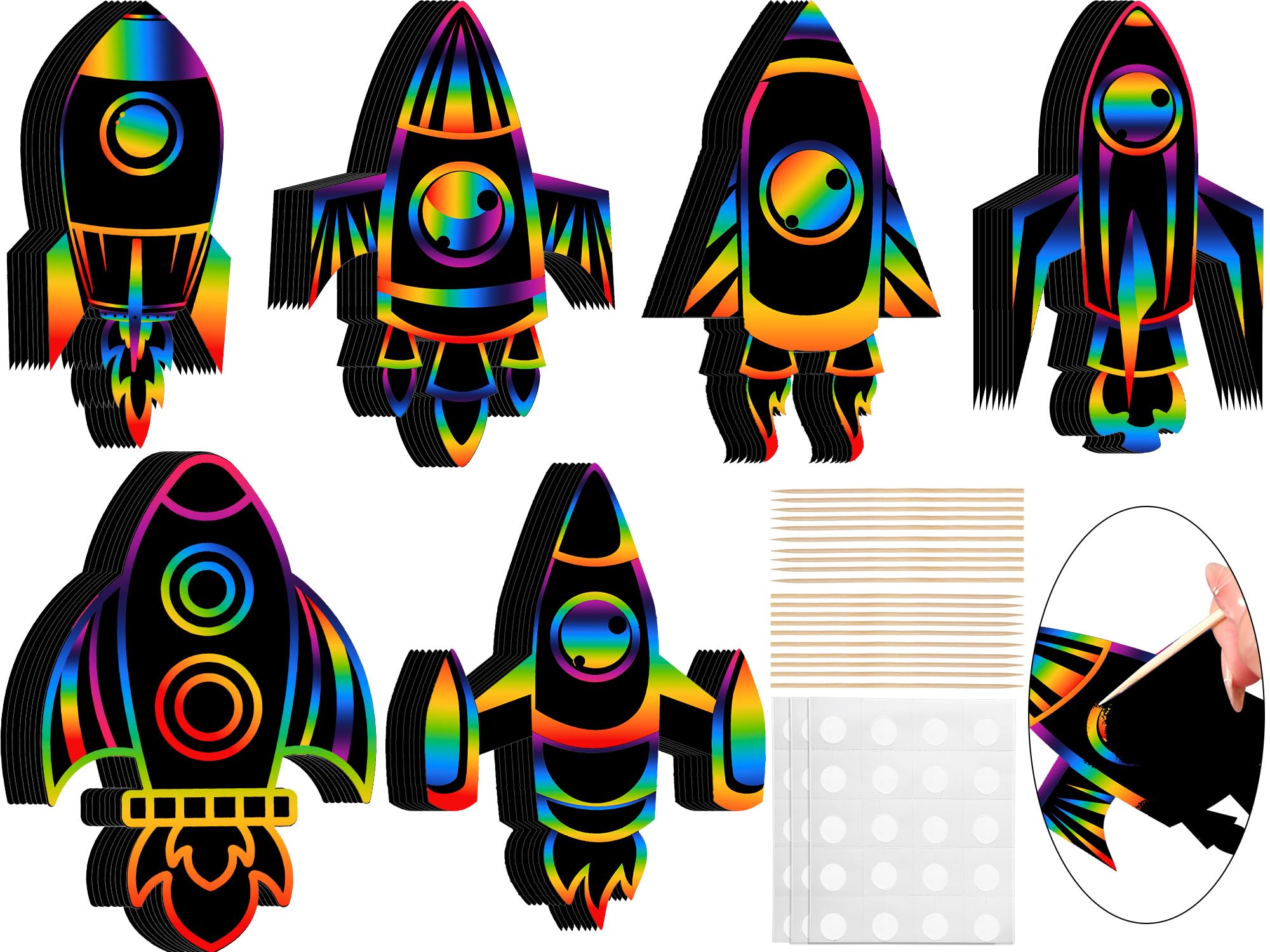 Liliful 48 Pieces Rocket Scratch Cards for Kids Space Theme Party Scratch Crafts Paper Card Art Favors for DIY Crafts Home Decoration Project, 6 Styles