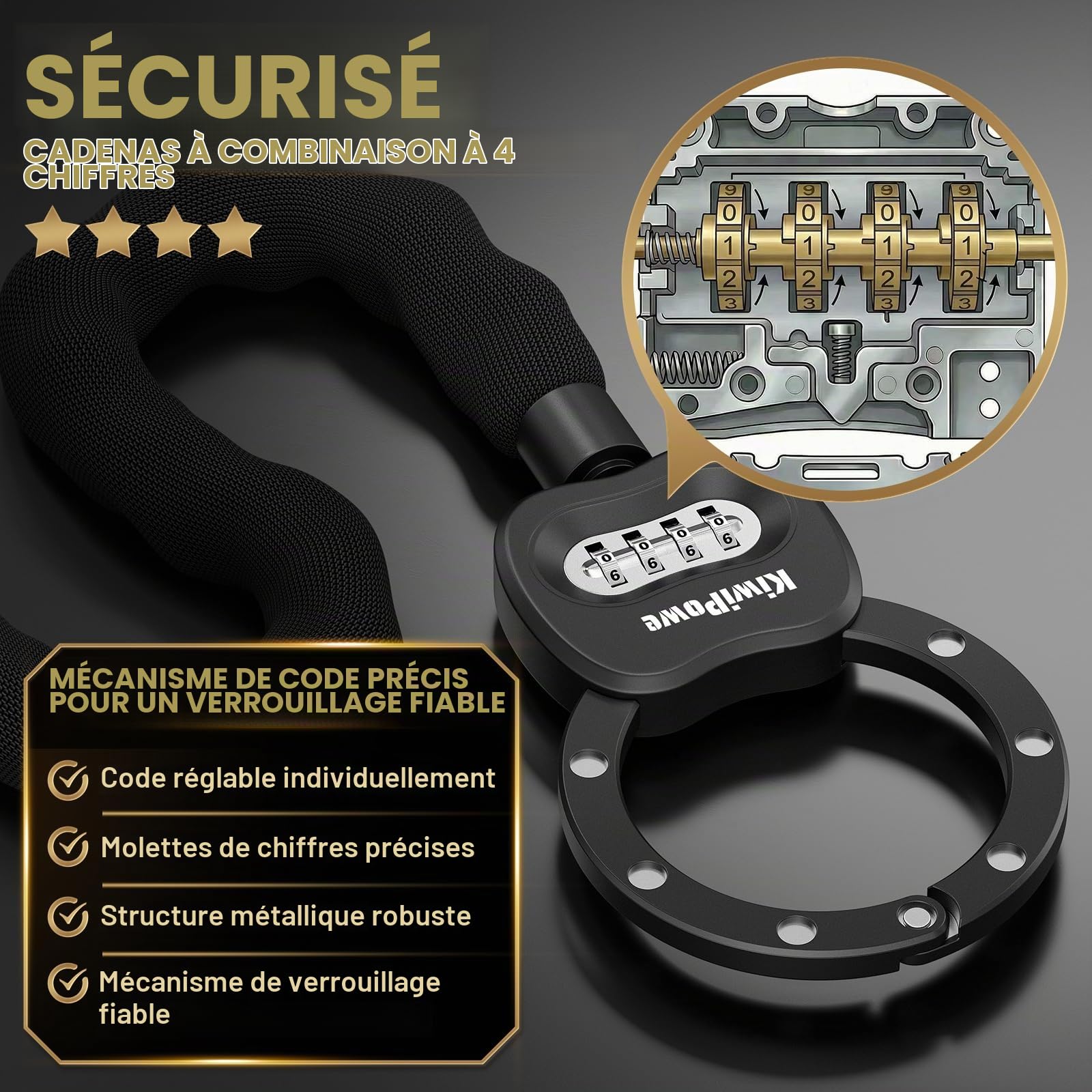 Antivol pour scooter électrique avec serrure à combinaison, chaîne antivol de 90 cm avec sac, serrure à menottes pour scooter électrique et vélo, protection antivol sans clé