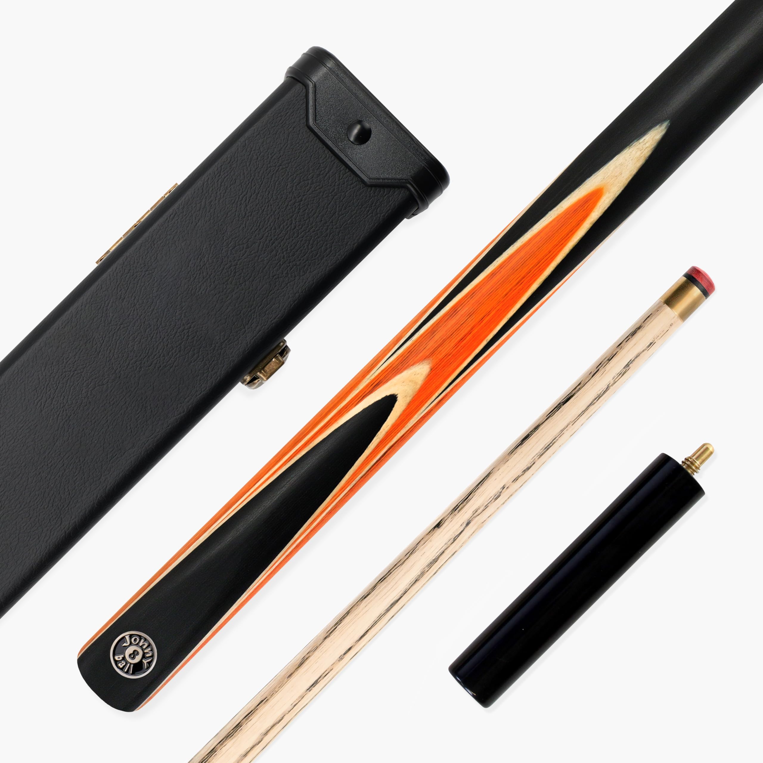 Jonny 8 Ball SNIPER 57 Inch ¾ Jointed English Pool Cue and Case Set 8mm Pro Leather Tip with Black Hard Plastic Ends Case and 6 Inch Mini Butt Extension (Orange)