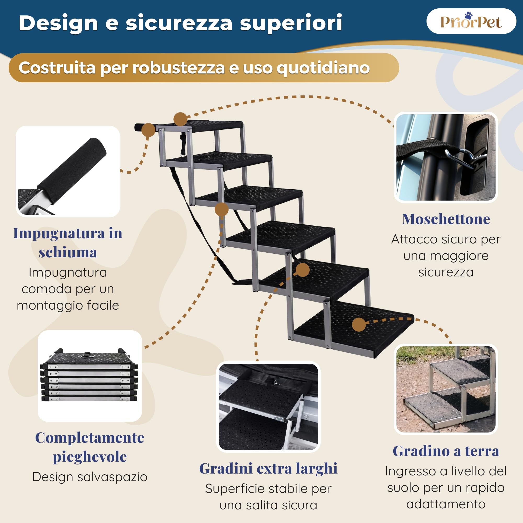 Scala per cani pieghevole per auto, 4, 5 o 6 gradini per altezze del bagagliaio da basse a alte (63-81 cm), per piccoli veicoli, station wagon e SUV, aiuto per cani di grandi dimensioni senza saltare