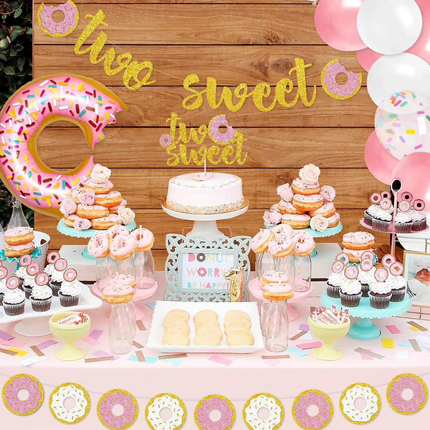 Levfla Two Sweet Donut Party Decoration Baby Second Birthday Glitter Doughnut Banner Cake Topper Sprinkles Balloons Kids Party Favor Ideas Supplies - Image 6