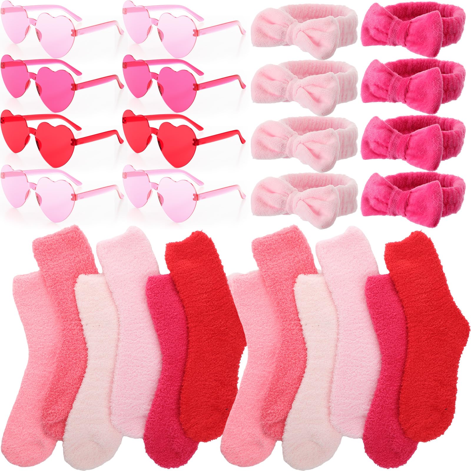 12 Sets Galentines Gifts Bulk for Girl Women Valentines Day Gifts Pink Heart Rimless Sunglasses Spa Bow Headband for Washing Fluffy Soft Socks Spa Sleepover Party Favor