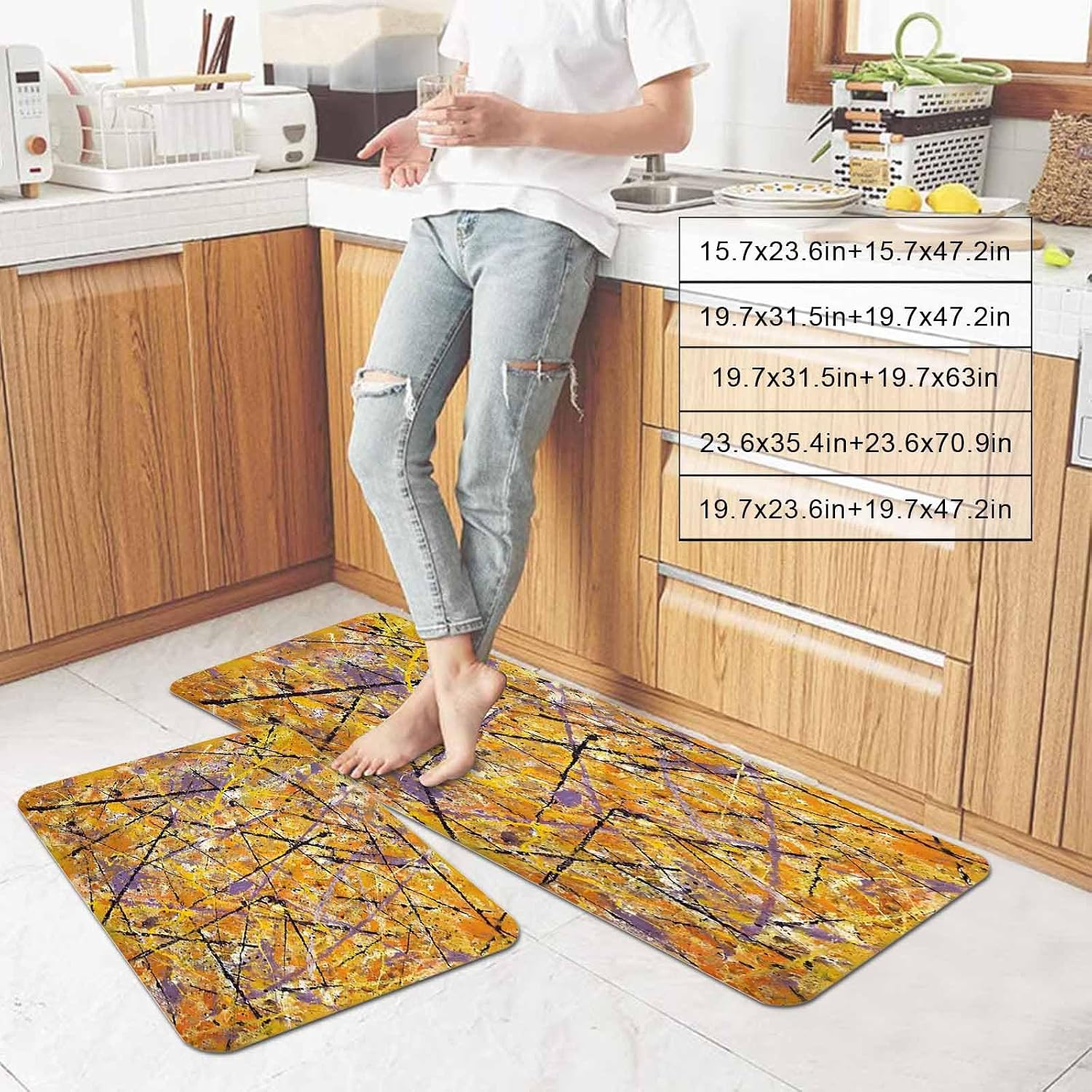 Prime Leader Abstract Artistic Kitchen Mat Set 2 Pieces Yellow Ink Splashes Black Lines Industrial Style Non Slip Kitchen Rugs Washable Runner Rug Mats for Sink Laundry (19.7" x 31.5"+19.7" x 63")