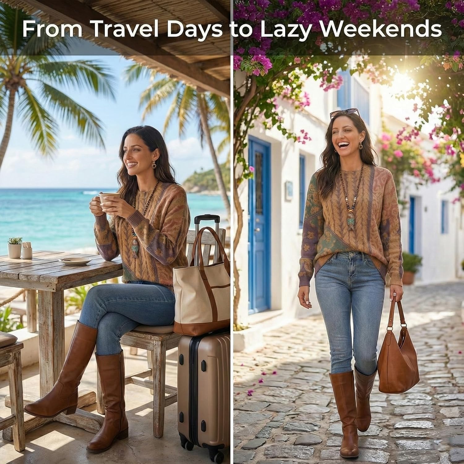 Women's Boho Christmas Sweater, Oversized Long Sleeve Graphic Knit Pullover, Loose Fit Casual Top with Drop Shoulder - Image 4