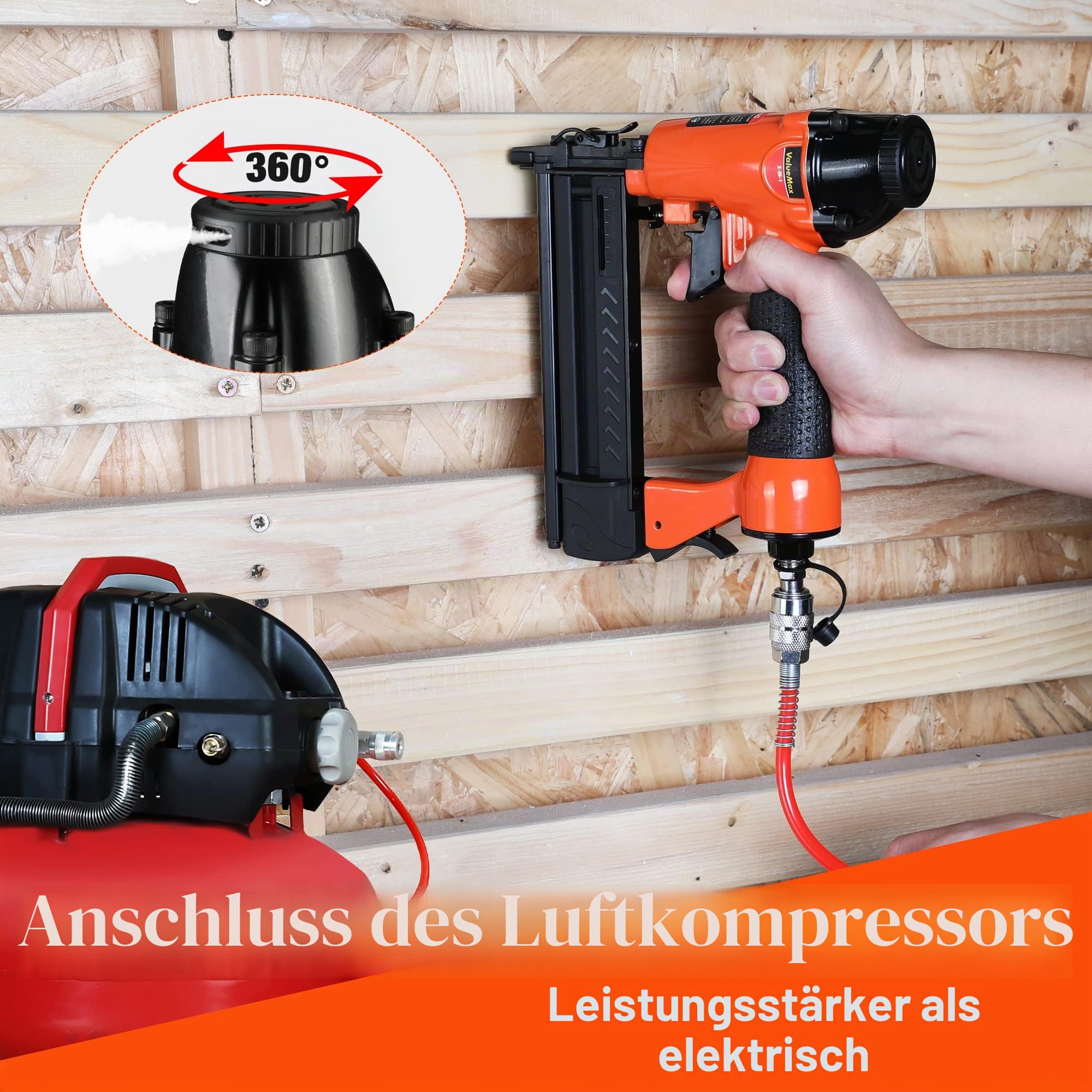 ValueMax 2 in 1 Druckluftnagler Profi Drucklufttacker inkl. 400 Klammern & Nägel, max 8,3 bar Druckluft Nagelpistole mit Sicherheitsnase für Werkstatt und Haus (Nägel bis 50mm, Klammern bis 40mm)