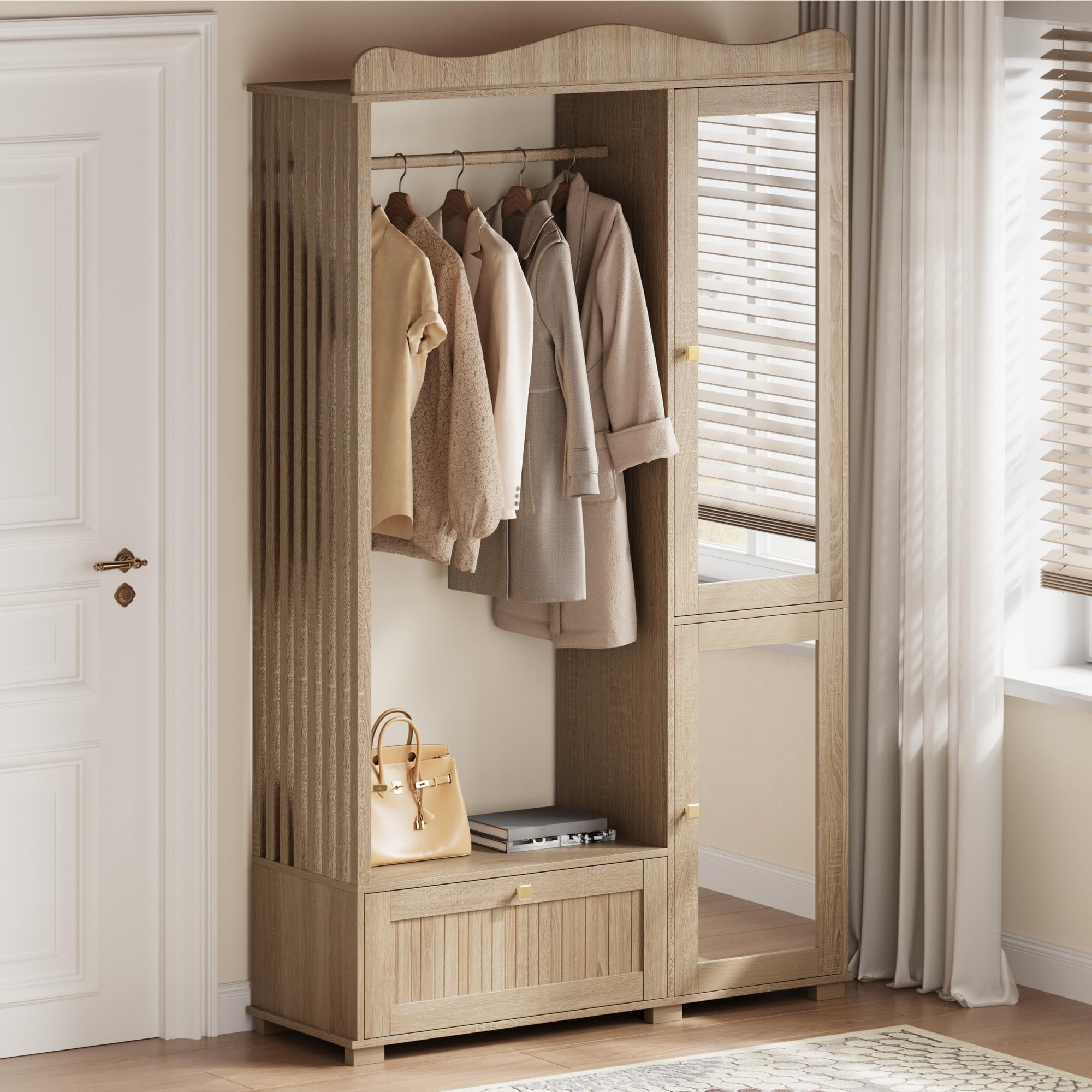 Garderobenschrank mit Spiegel, Garderobe Garderobenset mit Schublade und 2 Türen, Flurgarderobe Flur Möbel, Eichenholzfarbe, 115.5x38.5x194.5 cm