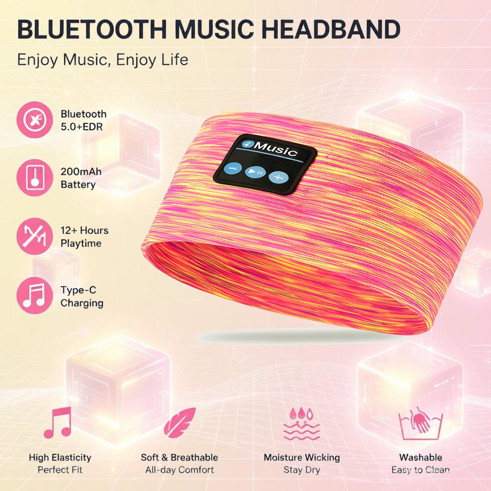 Auriculares Bluetooth para dormir, diadema inalámbrica para dormir de lado, auriculares inalámbricos para dormir, para entrenamiento, deportes, yoga, correr, viajes (amarillo rosado)
