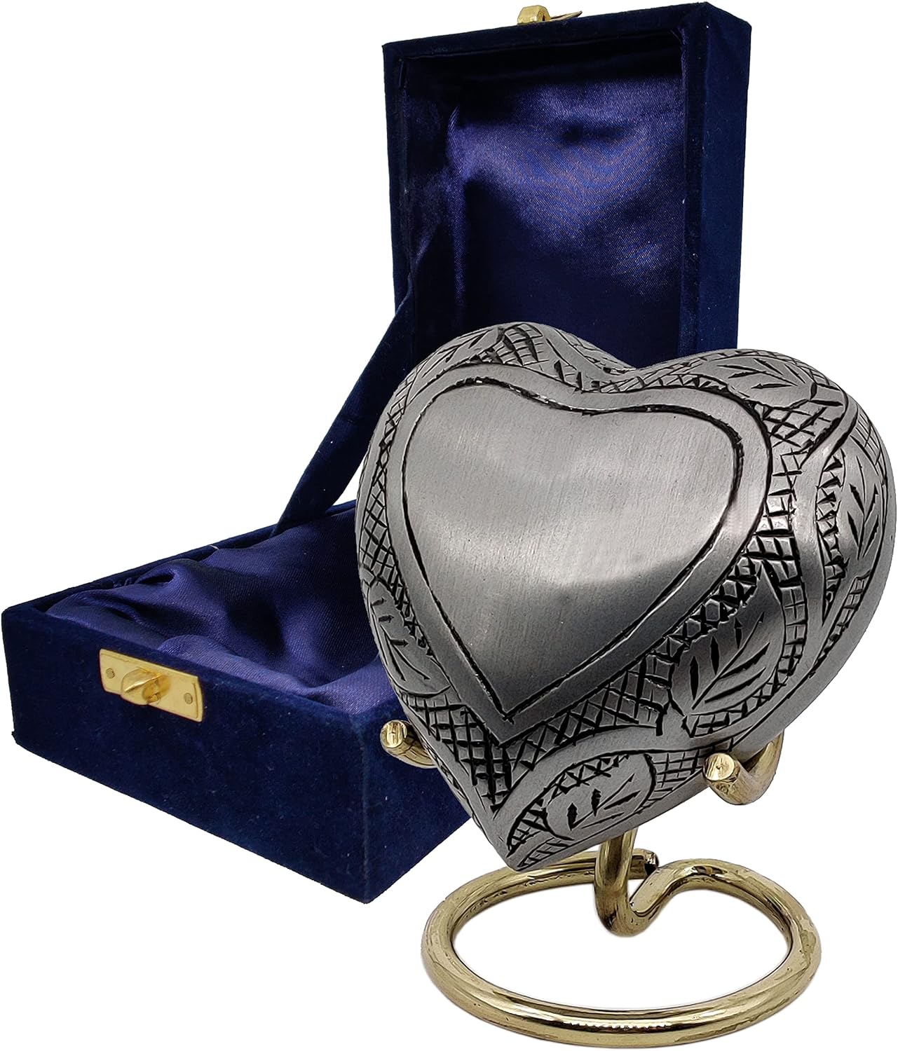 5MOONSUN5's Handcrafted Heart Urn Keepsake Cremation for Human Pet Ashes Engraved Heart Shaped for Adults & Infants Honor Your Loved One, Silver, Comes with Brass Stand & Premium Box