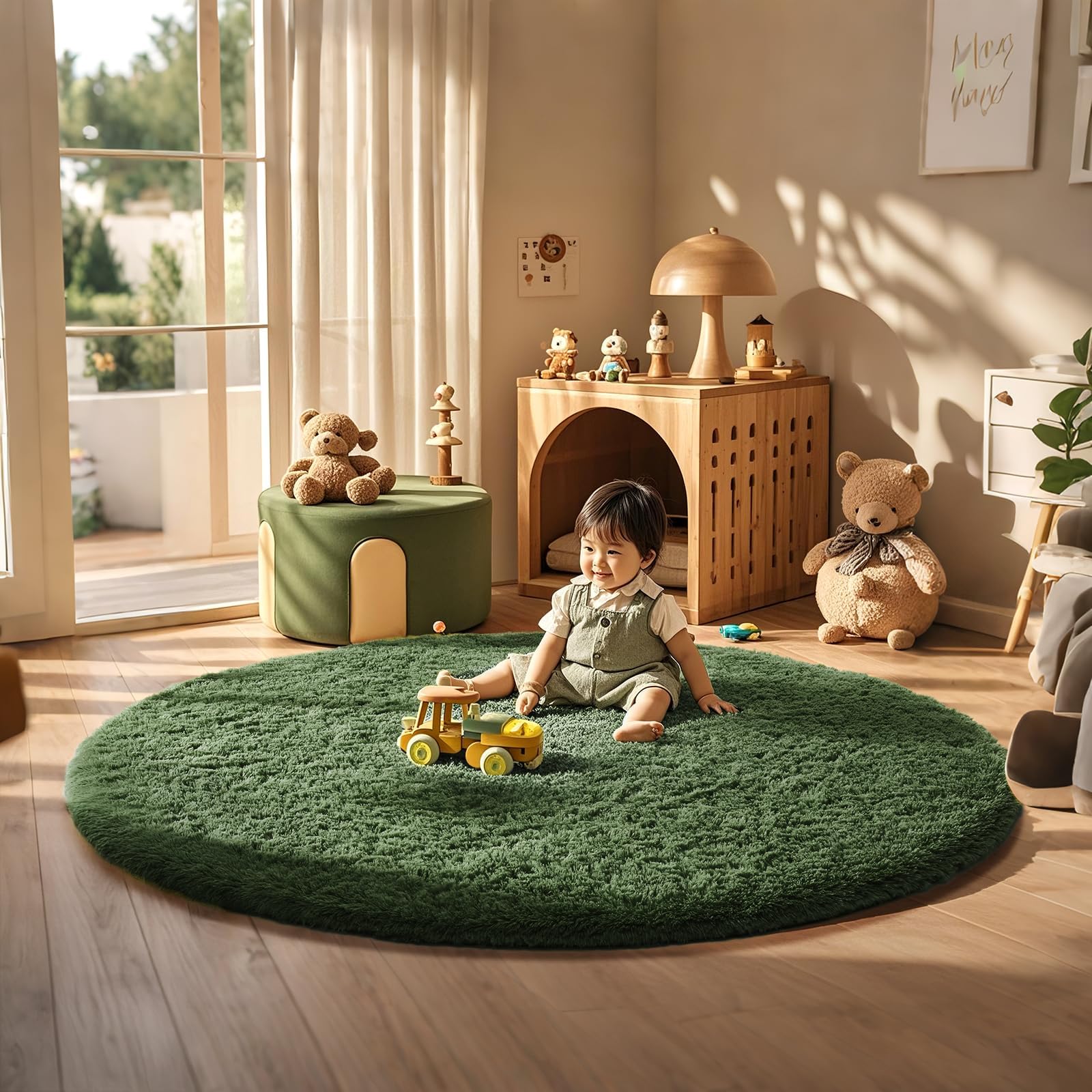 Ophanie Round Rug 6Ft Grey Green Circle Area Rug, Grayish Green Room Decor, Fluffy Fuzzy Bedroom Carpet, Plush Soft Shaggy Living Room Rugs for Decor Aesthetic, Nursery with Over 99 pcs Pile fibers