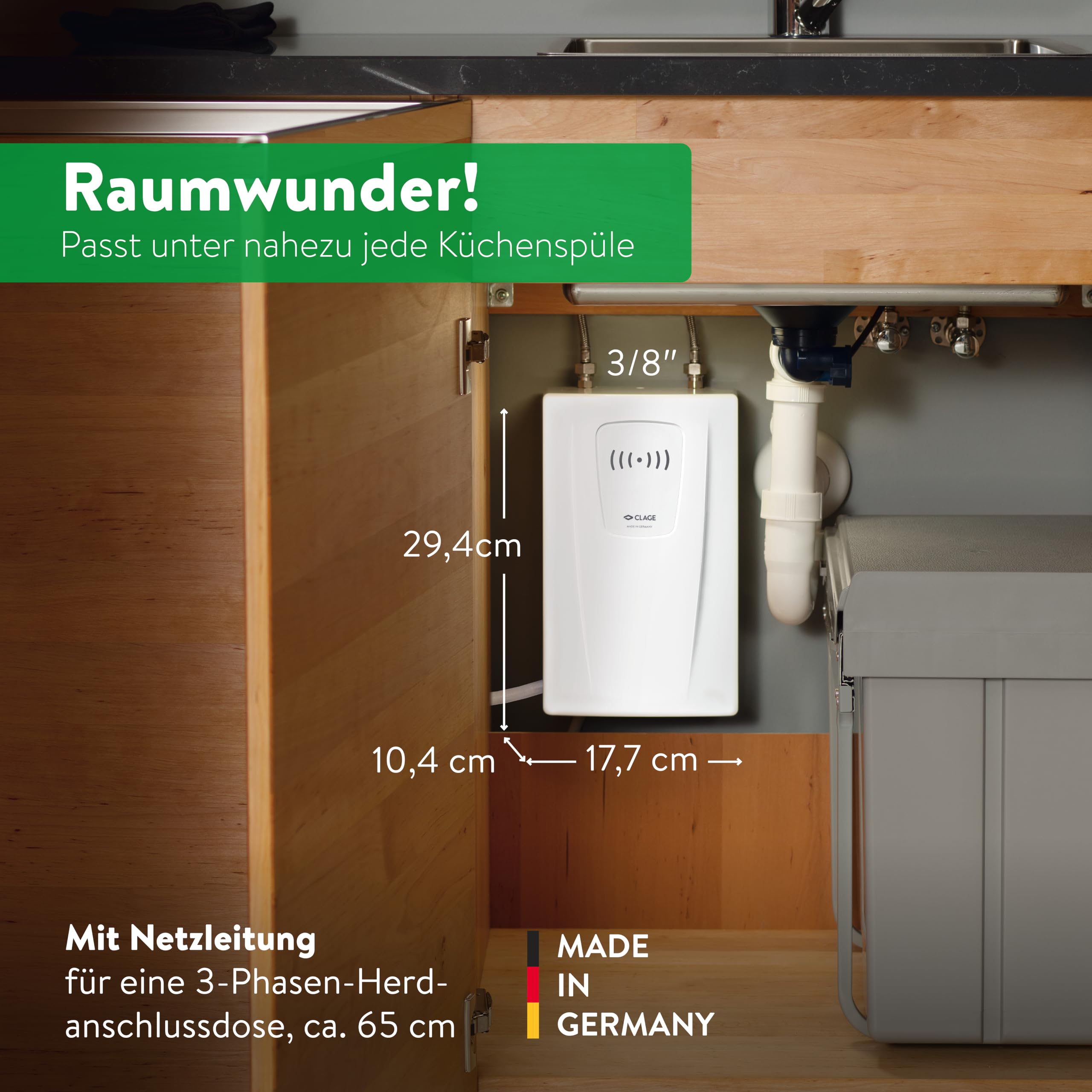 CLAGE CFX-U elektronischer Küchen-Durchlauferhitzer, 11–13,5 kW 400V, mit Fernbedienung, komfortable Temperatureinstellung, schlankes Design zur Untertischmontage, VDE-GS geprüft [Energieklasse A]