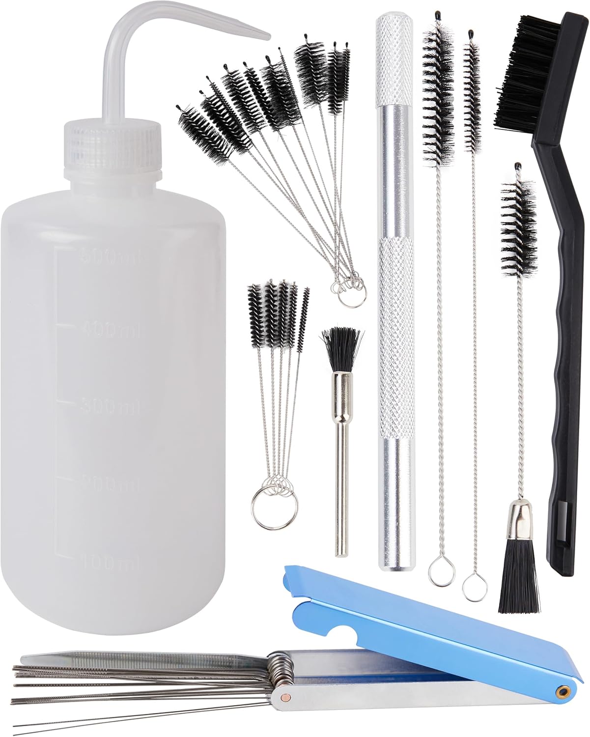 Airbrush Cleaning Kit with 13-Piece Cleaning Needle Set, 16 oz Cleaning Bottle, Mini & Large Brushes, Spray Gun Cleaner Tools for Airbrush Nozzles, Paint Cups, Fluid Tips and Small Parts