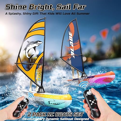 Miniatura 2 de DEERC Paquete de 2 barcos de control remoto para niños, velero RC de 2.4 GHz con luces LED para piscinas, lago y bañera, juguetes acuáticos de