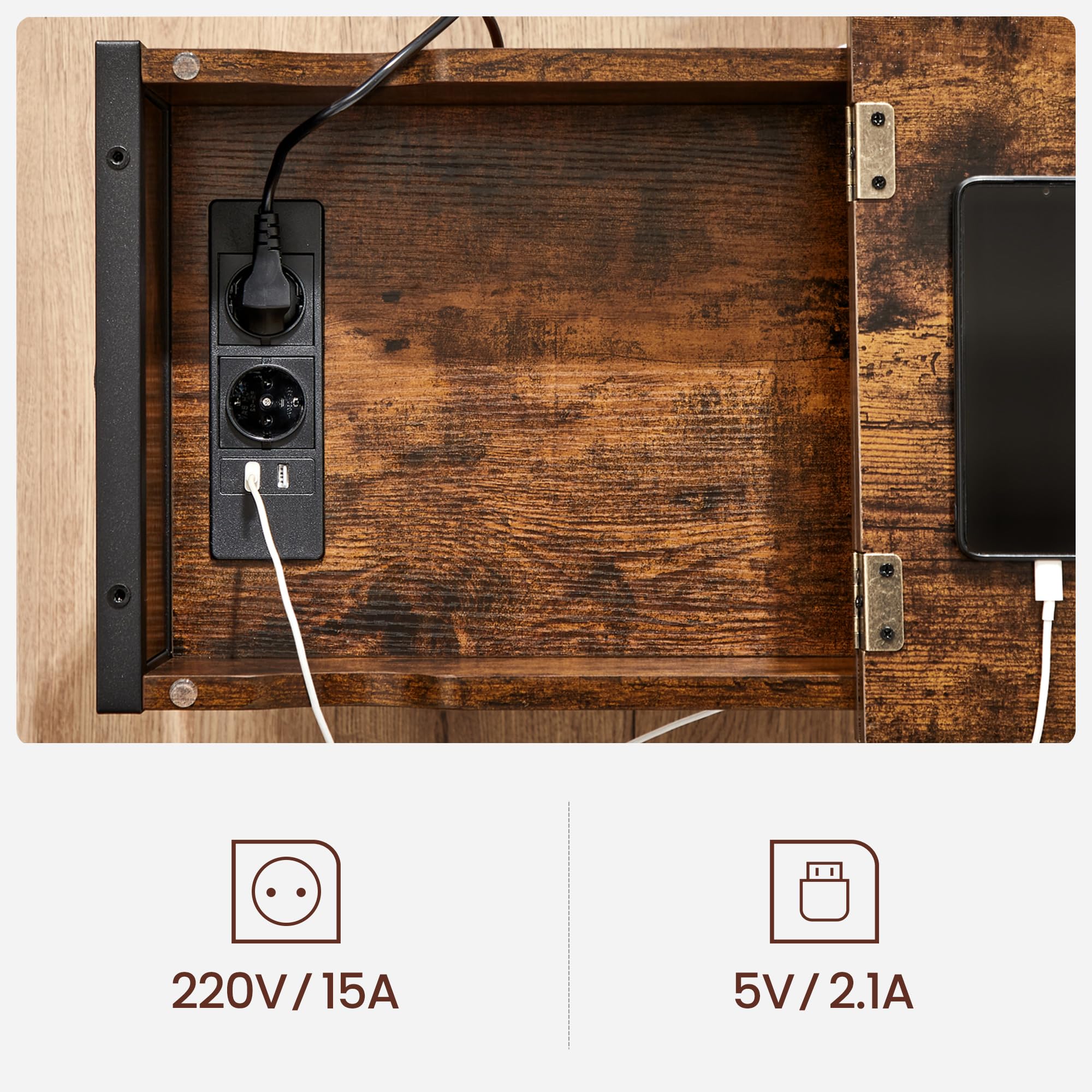 VASAGLE LET311B01 Table de Charge avec Prise électrique, Table de Chevet Rabattable avec étagère de Rangement et Sac en Tissu, pour Salon, Chambre à Coucher, Marron Rustique et Noir