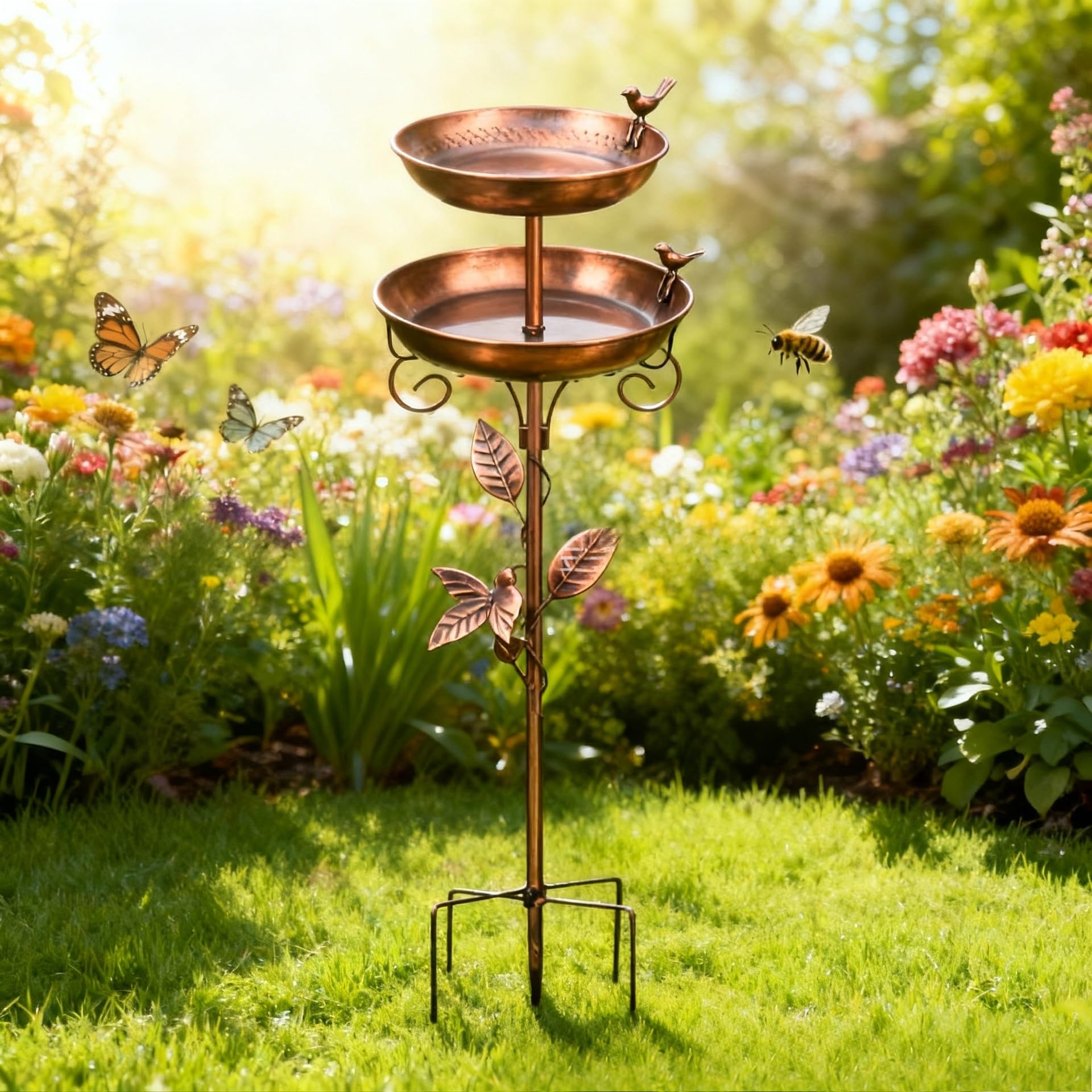Vogeltränke Stehend Groß, Vogeltränke Balkon 85cm Metall Vogeltränke Garten, 5 Erdspieß, Vogelbad Garten Stehend, Wassertränke Für Vögel, Garten Frostsicher, Vogelfutterspender (C)