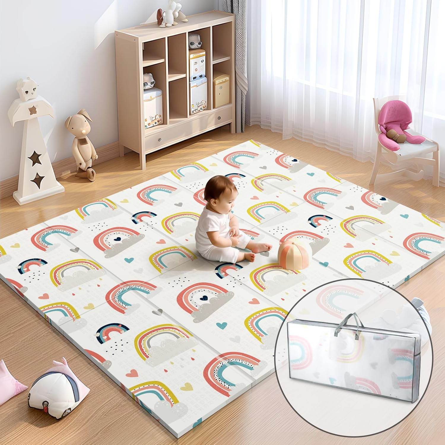 79x71 Extra Large Baby Play Mat for Floor, Foldable Foam Playmat for Babies 0-12 Months & Kids, Non-Toxic Waterproof Baby Mat for Floor, Thick Playpen Mat for Tummy Time Crawling Rainbow 79 x 71 x 0.4 inch