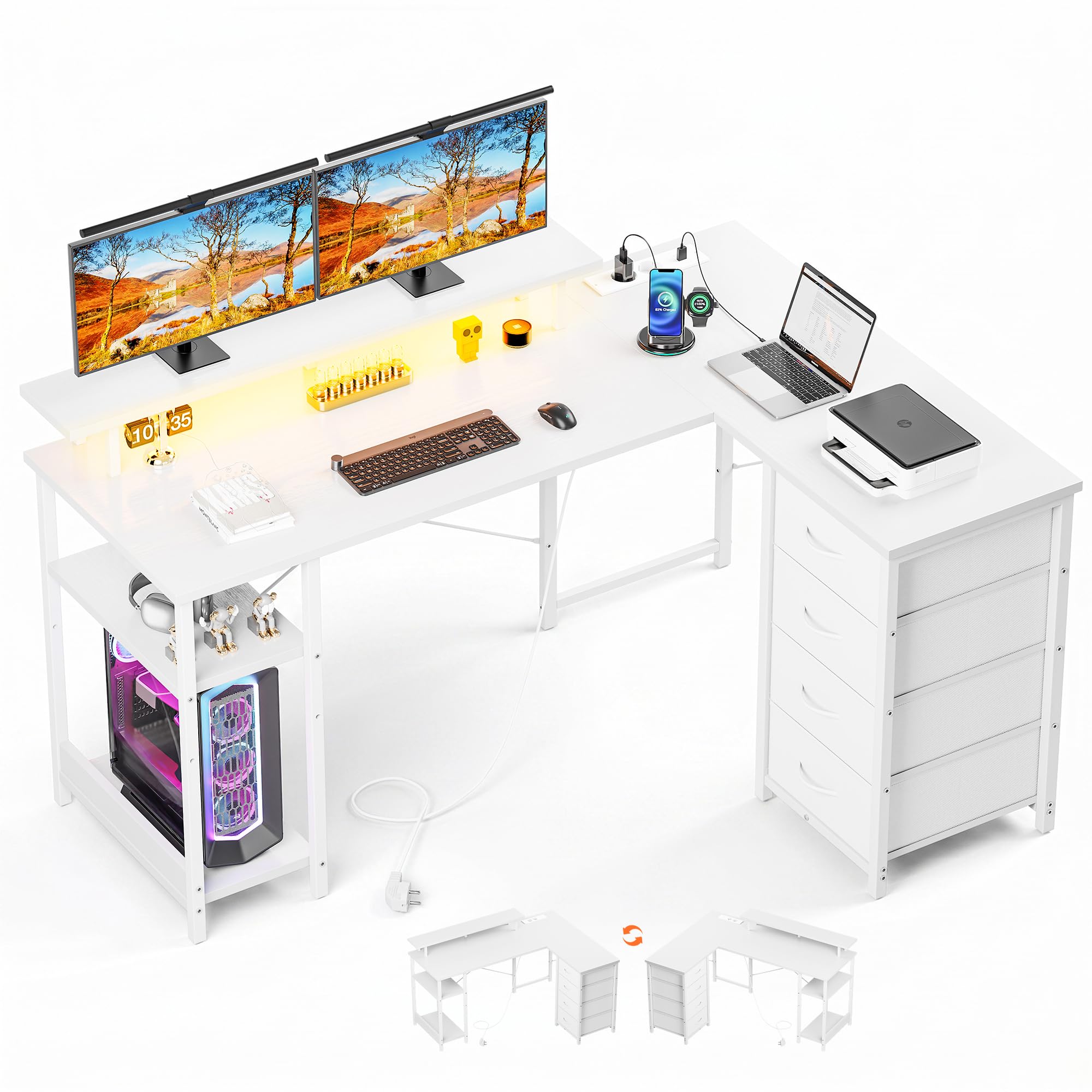 YOUDENOVA Scrivania con 4 Cassetti, 142x107 cm, Scrivania Angolare Reversibile con LED e Presa, Scrivania Gaming a L con Supporto per Monitor, Spazio di Archiviazione, per Home Office e Gamer, Bianco
