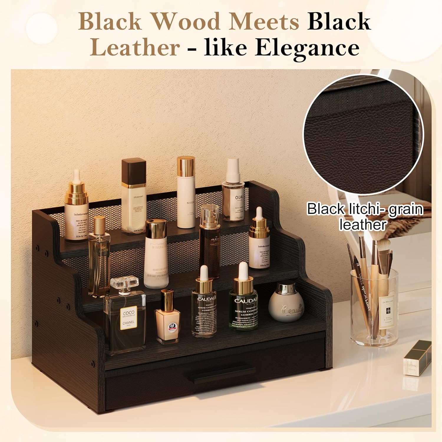 Cologne Stand for Men, 3 Tier Black Wooden Perfume Organizer with Drawer Storage, Perfume Display Shelf for Cologne, Watch, Skincare and Makeup, Perfect Birthday/Christmas Gift for Lovers & Fathers (3 Tier Black) - Image 5