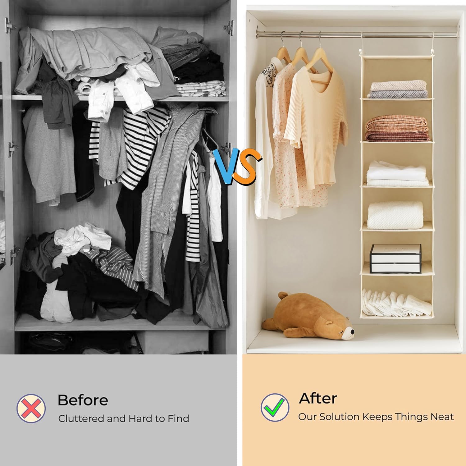 MAX Houser 6 Tier Shelf Hanging Closet Organizer, Cloth Hanging Shelf with 2 Sturdy Hooks for Storage, Foldable (Beige) - Image 8