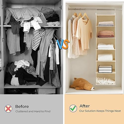 Miniatura 8 de MAX Houser Organizador colgante de armario de 6 niveles, estante colgante de tela con 2 ganchos resistentes para almacenamiento, plegable (beige)