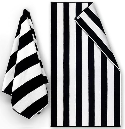 Miniatura 4 de Toalla de playa de gran tamaño a rayas negras de alta calidad, 100% algodón egipcio, 40 x 72 pulgadas, hilo de rizo doble teñido (1 toalla)