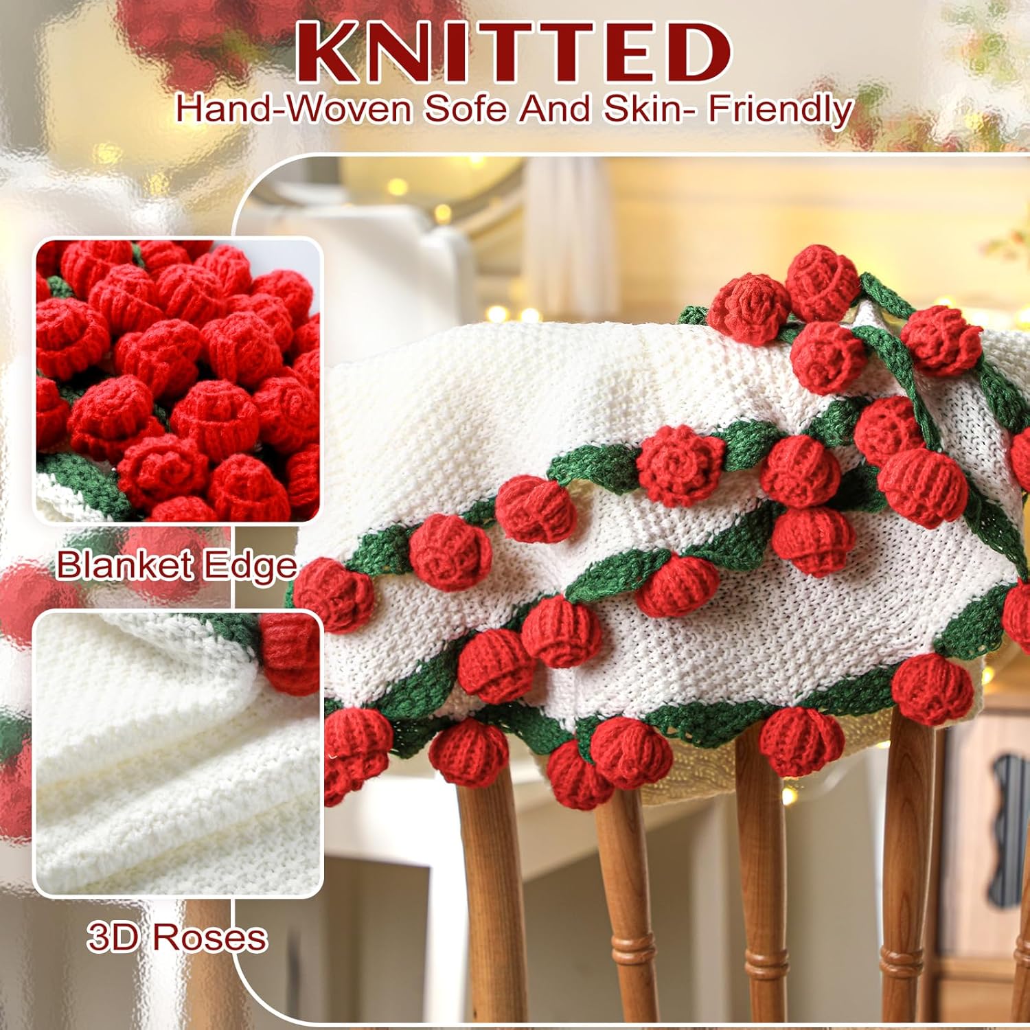 Valentines Day Gifts for Her Gifts, Women Soft Crochet Rose Flower Bouquet Blanket, Galentines Birthday Gift for Mom Girlfriend Wife Table Picnic, Washable(Rose,31.5 Inch,Red) - Image 3