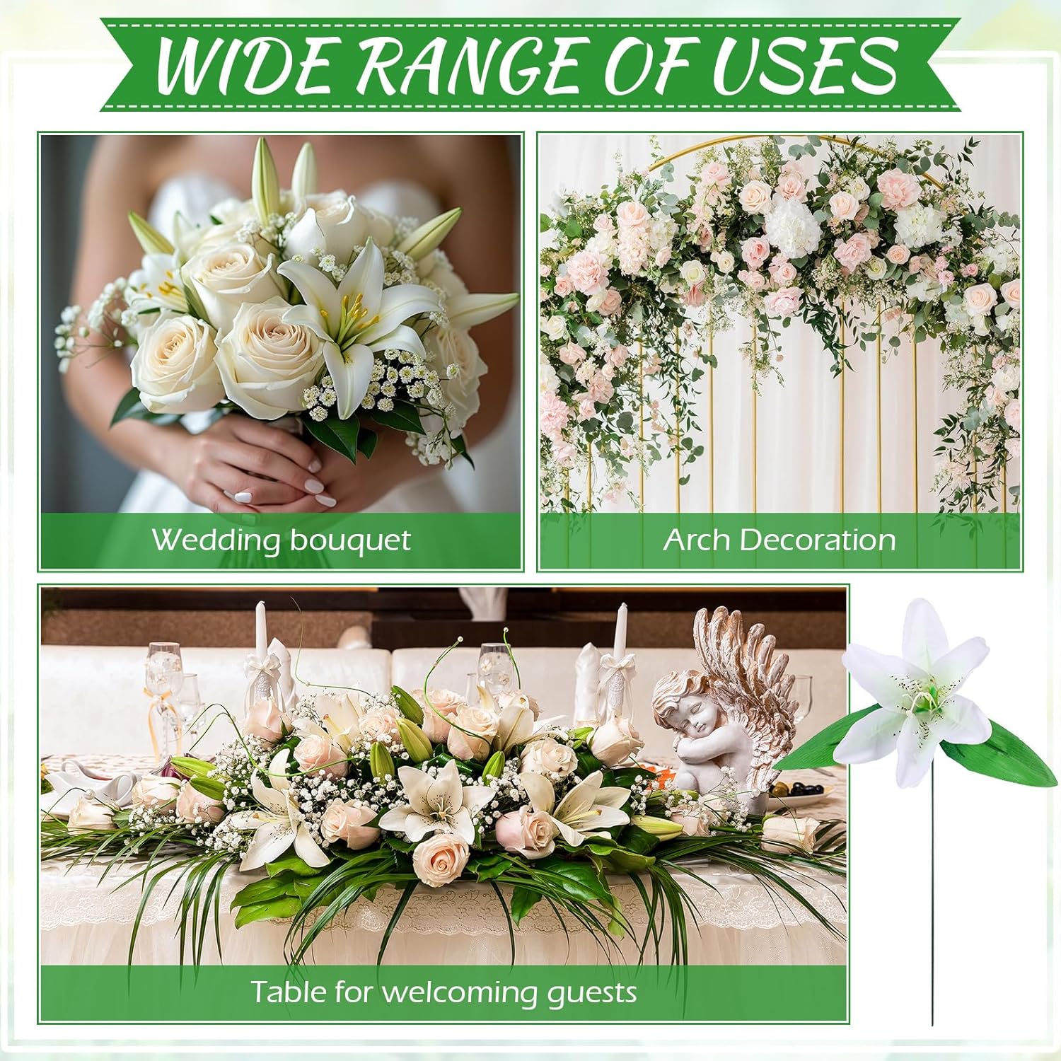 50 Pcs Artificial Lilies Flowers Fake Silk Easter Lilies with Stem and Green Leaf Faux Wedding Flower Bouquet for Floral Arrangement Spring Home Wedding Bridal Party Decoration (White)